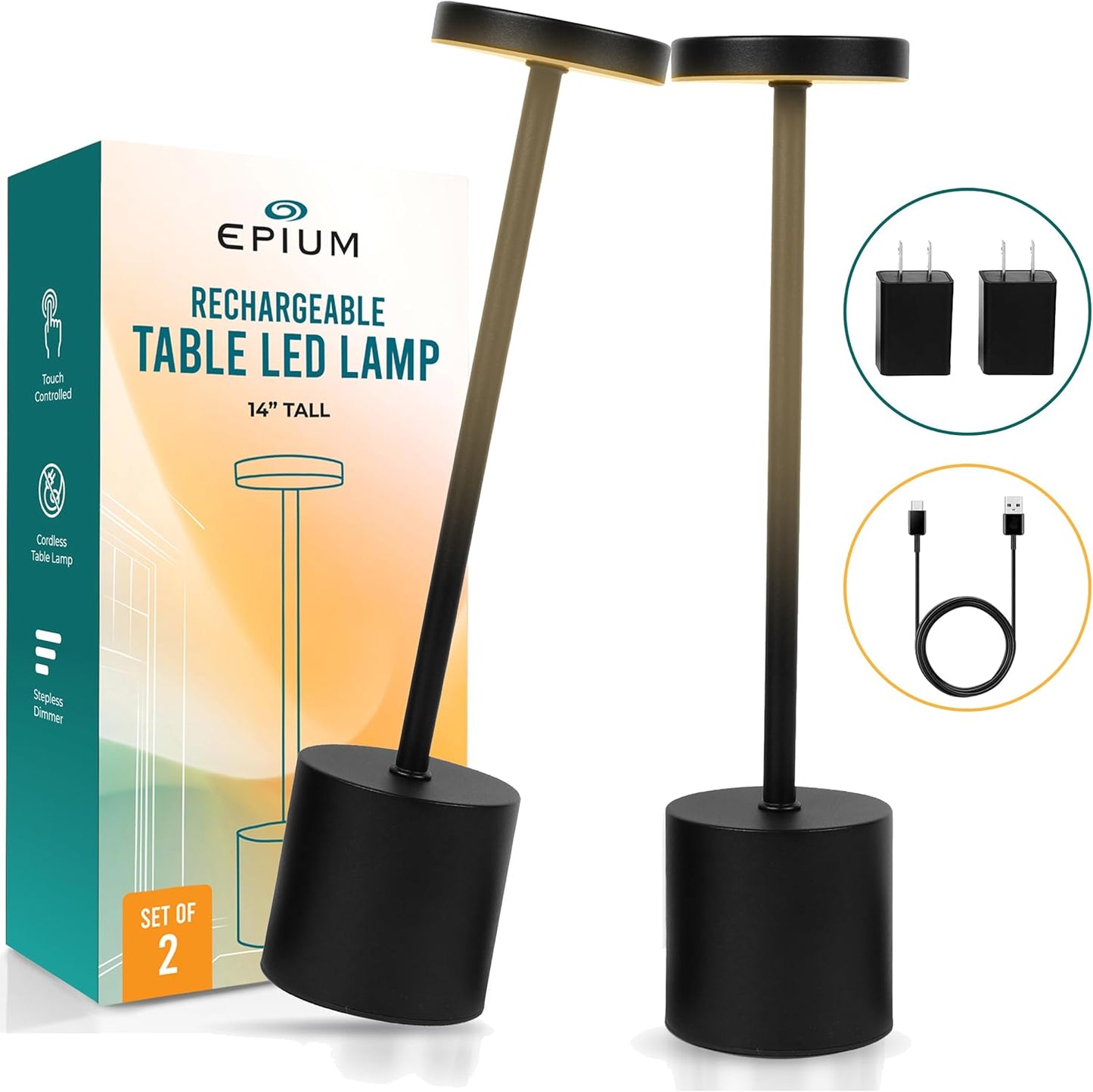 Cordless Table Lamp Pack of 2 (Black) Rechargeable Lights - Set of 2 USB Chargers Included - LED 3-Color Dimmable Lamps for Restaurant Dinner Dining Kitchen Coffee Table Patio and Portable Lighting