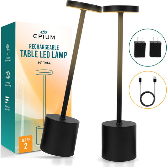 Cordless Table Lamp Pack of 2 (Black) Rechargeable Lights - Set of 2 USB Chargers Included - LED 3-Color Dimmable Lamps for Restaurant Dinner Dining Kitchen Coffee Table Patio and Portable Lighting
