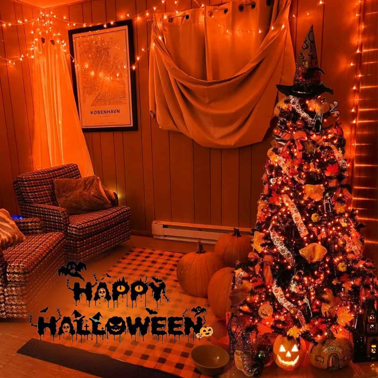 YEGUO 66ft 200 LED Orange Halloween Lights Outdoor Waterproof, Green Wire Christmas String Lights Indoor, 8 Modes Twinkle Tree Lights Plug in with Timer Memory