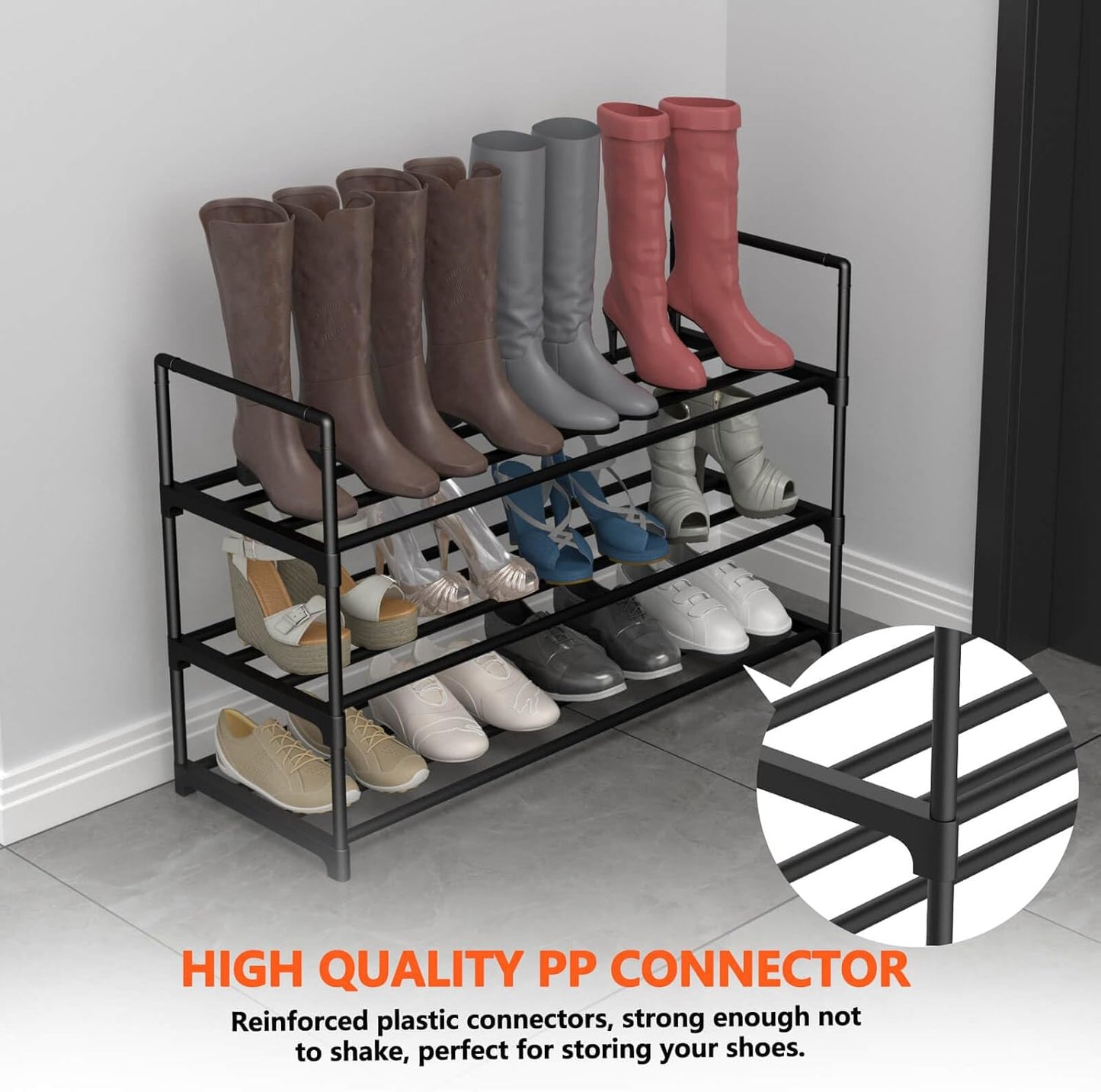 3 Tiers Metal Shoe Rack,Adjustable Shoe Shelf Storage Organizer,Stackable Boot & Shoe Storage,for Entryway,Hallway,Closet,Black