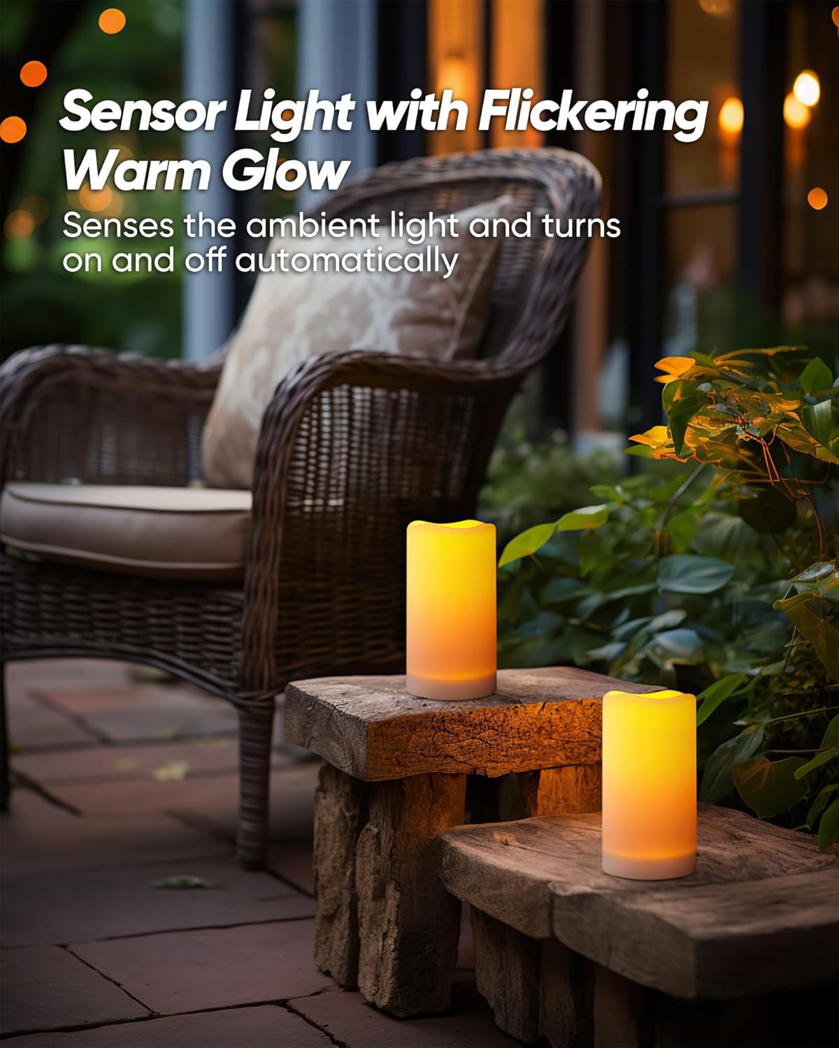 Homemory Solar Powered Candles Outdoor Waterproof, Flickering Glow, Rechargeable Solar Powered Candles for Outside, Lanterns, Sensor Only, Dusk to Dawn, Set of 6