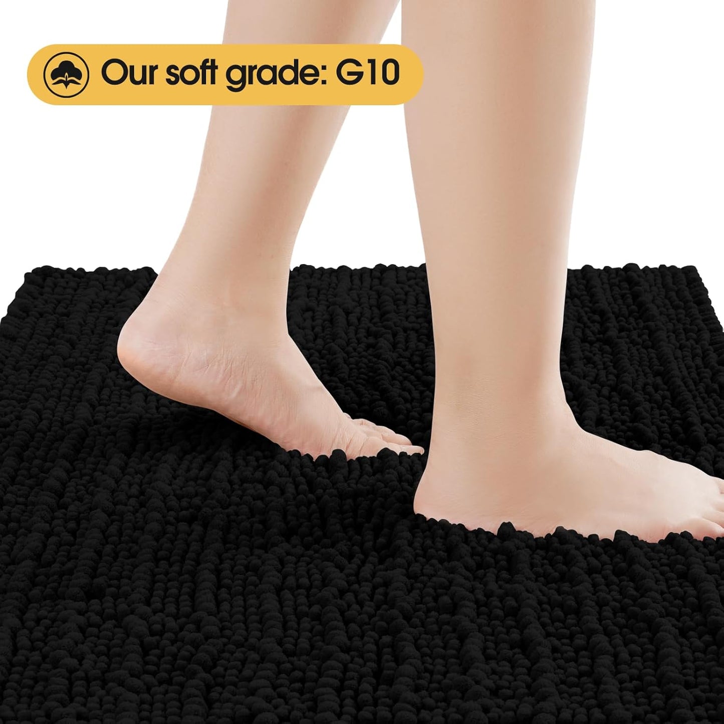 ACCUMTEK Upgrade Luxury 2 Piece Black Toilet Bathroom Rug Mat 32"x20"+24"x17", Ultra Soft Thick Absorbent Bath Mats, Non Slip Chenille Toilet Mat for Bathroom, Bedroom, Kitchen, Shower, Tub