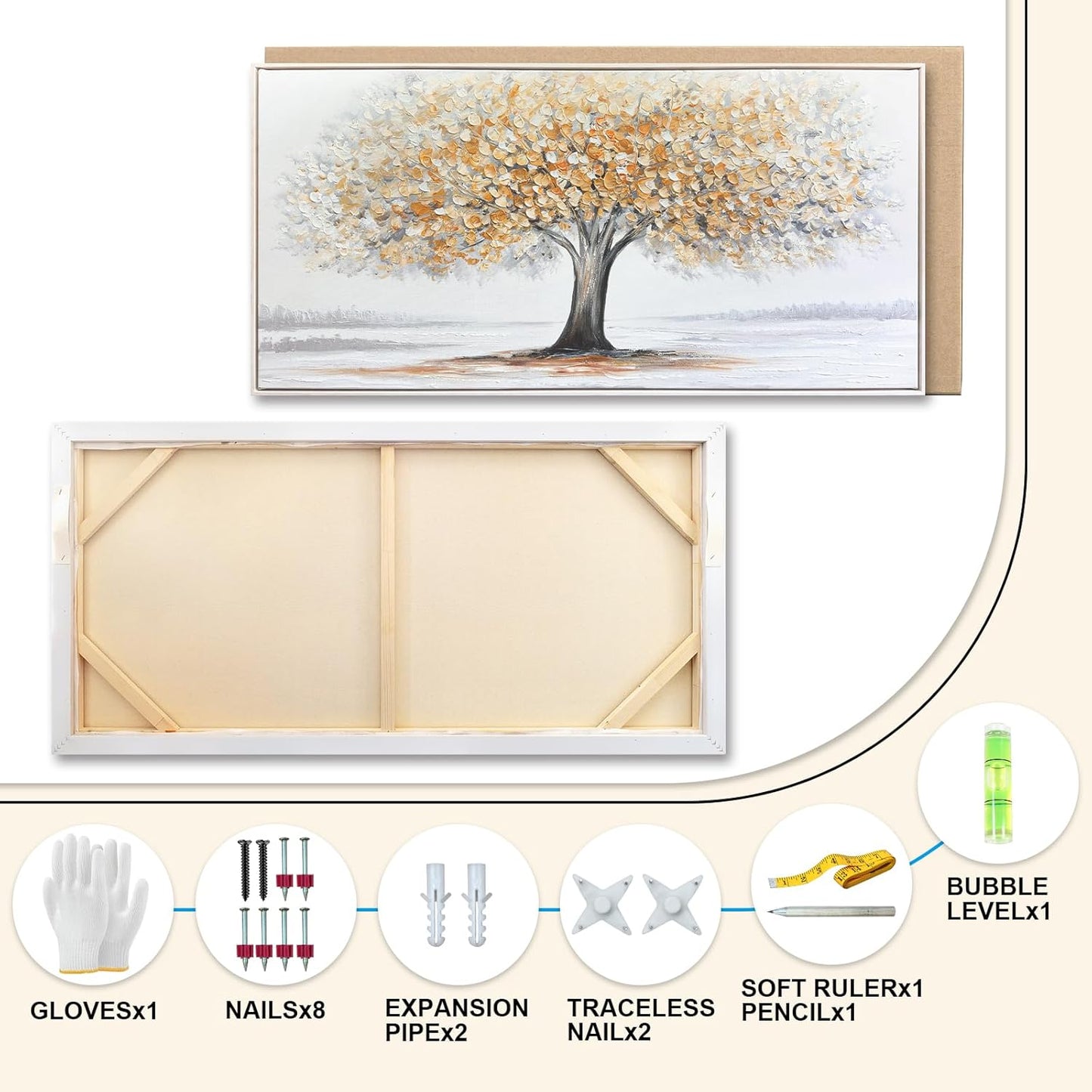 White Tree of Life Canvas Wall Art, Modern Abstract Textured Painting, Large Framed Panoramic Landscape Artwork for Living Room, Bedroom, Office, Home Decor 40"x20"