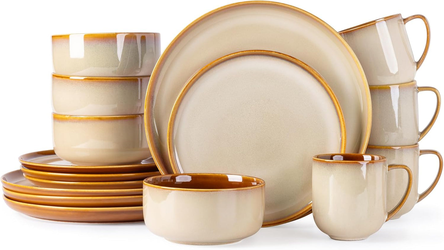 LERATIO Ceramic Dinnerware Sets for 4,16-PieceReactive Glaze Plates and Bowls Set with Mugs,Highly Chip and Crack Resistant | Dishwasher,Microwave & Oven Safe Dishes set-Kahki