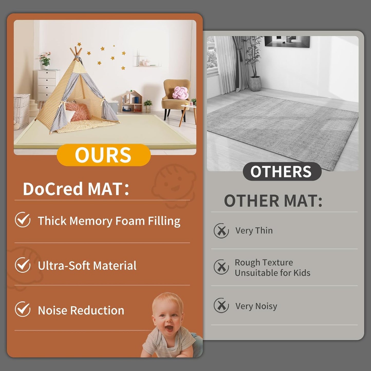 Baby Play Mat for Floor - 1.4" Thick Memory Foam Rug, 50"x50" Playpen Tummy Time Mat, Soft Velvet Nursery Rug, Large Padded Crawling Mats, Cushioned Pads for Playroom Toddlers, Infants, Yoga, Tatami