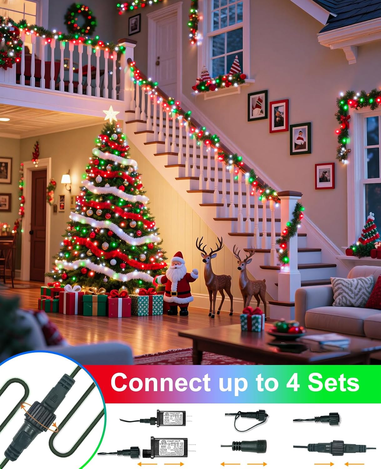 80FT 240 LED Christmas Lights Outdoor, Connectable Christmas Tree Lights, Waterproof & 8 Modes & Timer, Green Wire String Light Indoor for Home Garden Party Holiday Decorations, Red Green