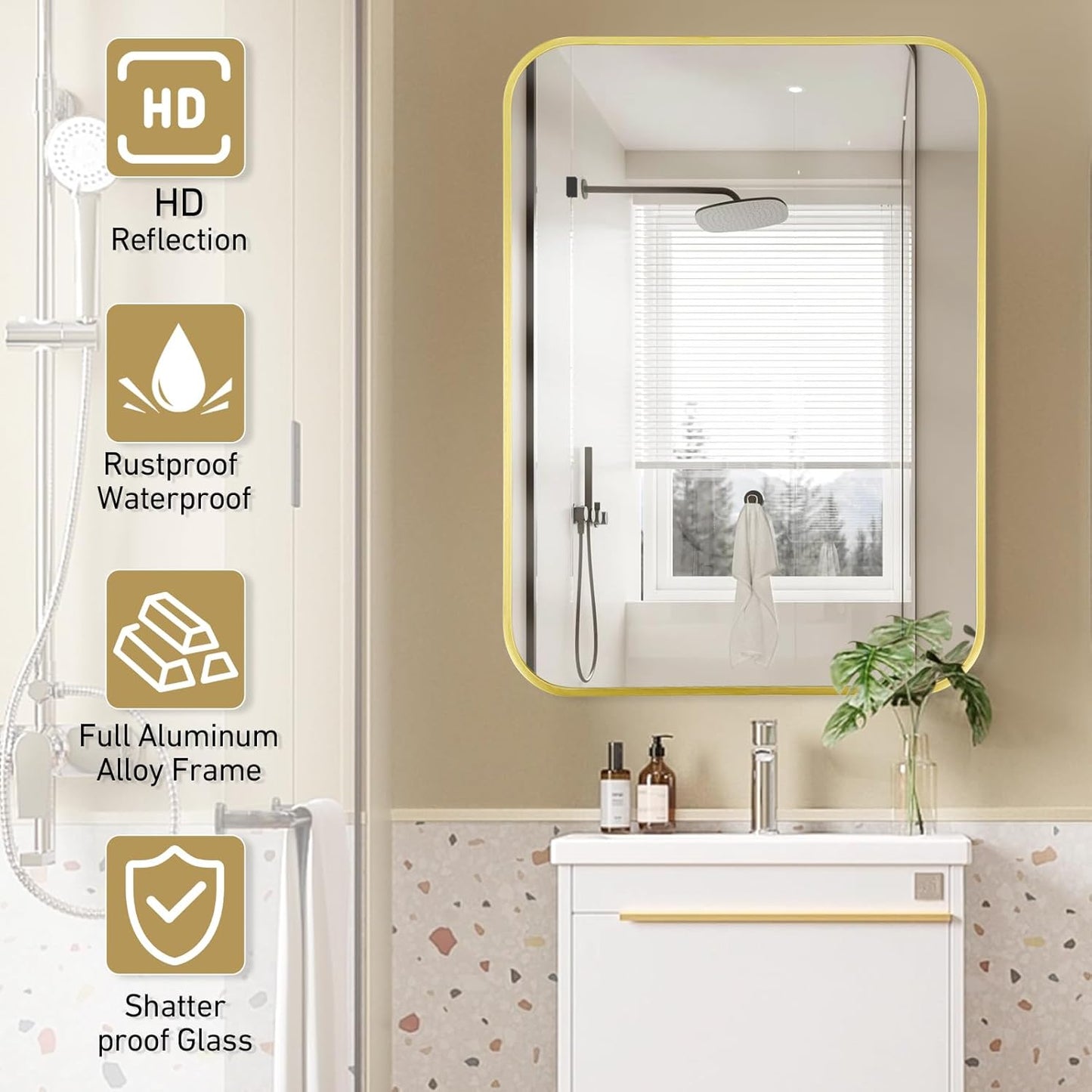 16x24 Inch Bathroom Mirror for Wall,Matte Gold Framed Rectangle Mirror with Rounded Corner,Aluminum Alloy Framed Brushed Wall Mirror for Bedroom or Living Room,Vertical or Horizontal