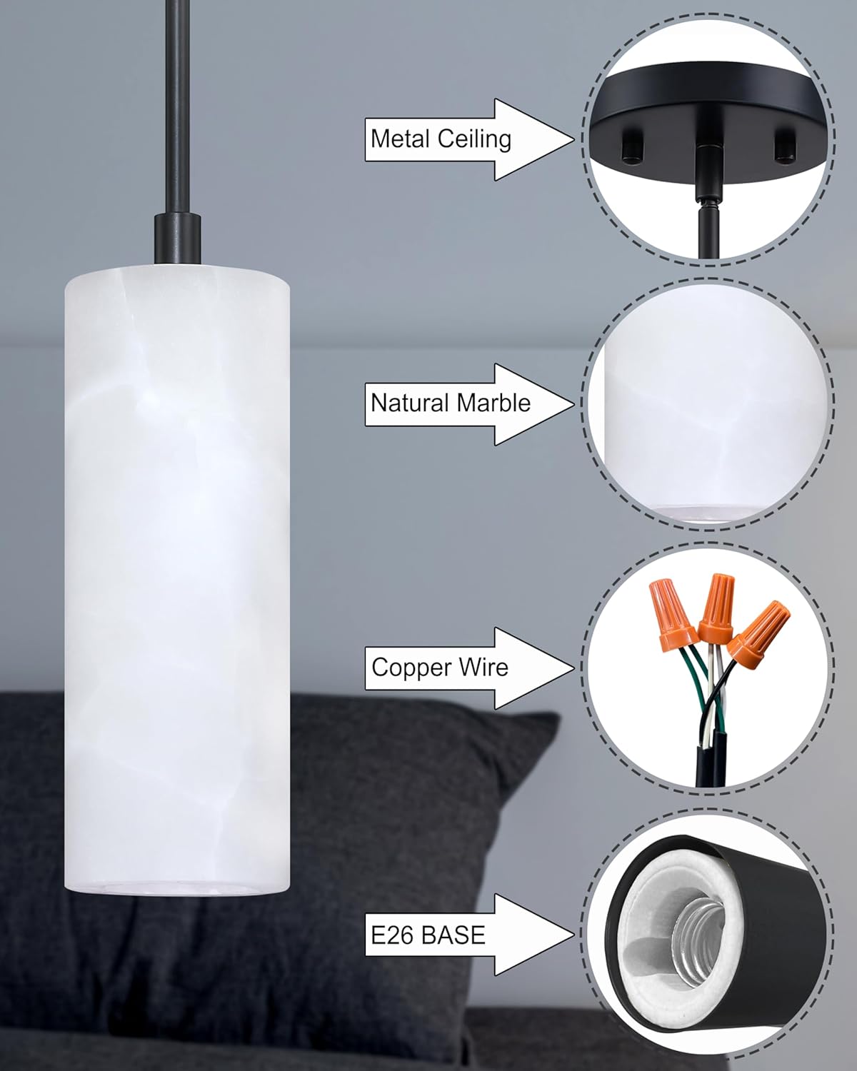 1 Light Modern Industrial Farmhouse Hanging Kitchen Island Pendant Ceiling Light Fixture,Cylinder Natural Alabaster Marble Black Finish Over Sink Restaurant bar Corridor