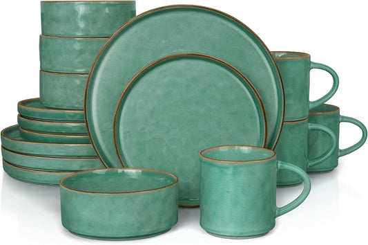 HaWare Dinnerware Sets, 16-Piece Stoneware Plates and Bowls Set, Elegant Ceramic Dish Set for 4, Chip and Scratch Resistant, Microwave and Dishwasher Safe, Reactive Green
