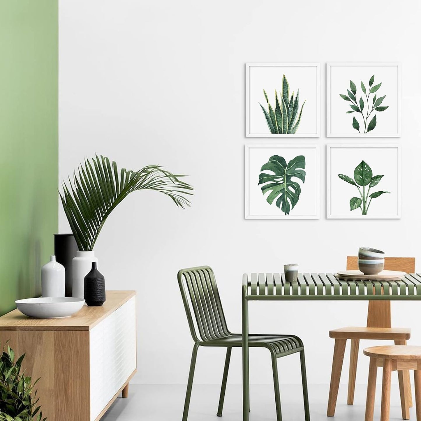 ArtbyHannah Framed Bathroom Wall Decor, 10x10 Inch Botanical Wall Art with Sage Green Plant Print for Wall Decoration, Minimalist Restroom Decor (White)