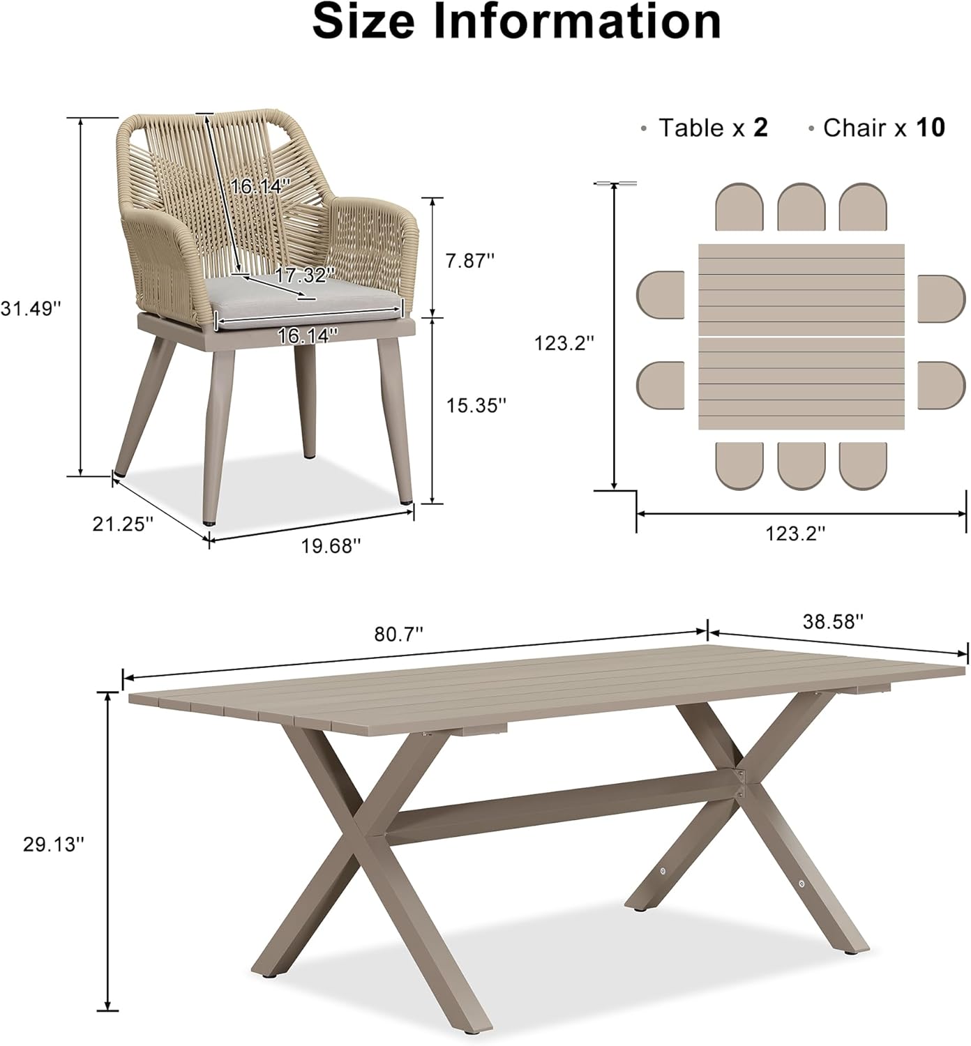PURPLE LEAF 12 Pieces Outdoor Patio Dining Sets All-Weather PE Rattan Furniture Set with All Aluminum Frame Outdoor Table and Chairs Set for 10 People Lawn Garden Backyard Deck, Champagne