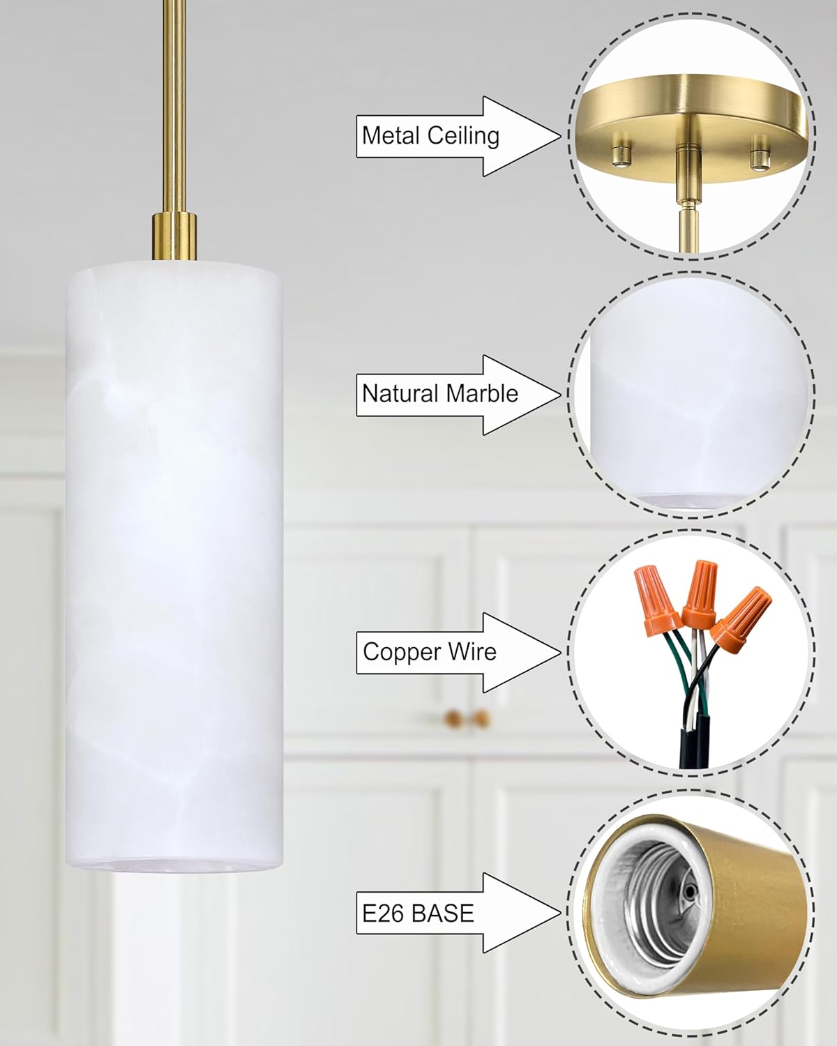 1 Light Modern Industrial Farmhouse Hanging Kitchen Island Pendant Ceiling Light Fixture,Cylinder Natural Alabaster Marble Brushed Bronze Finish Over Sink Restaurant bar Corridor