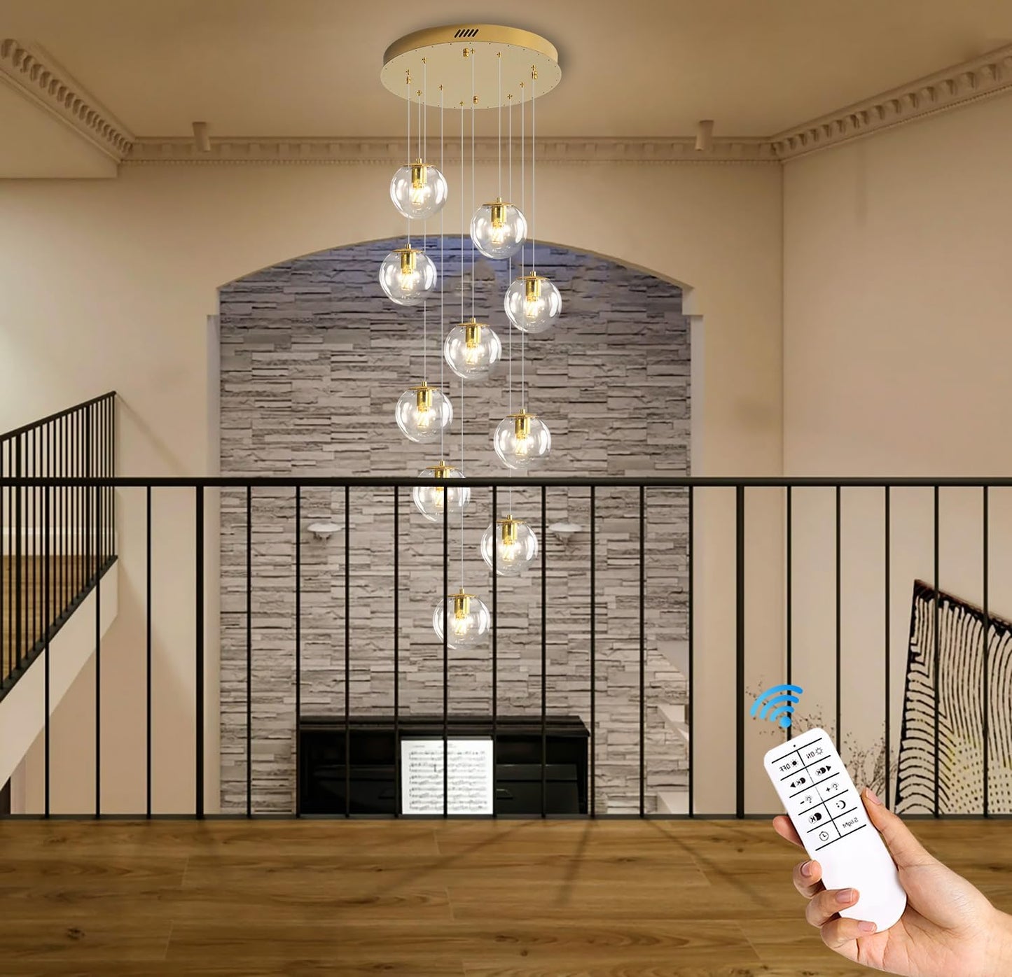 10-Light LED Staircase Modern Glass Globe Pendant Light Gold Chandeliers Large Chandeliers for High Ceilings, Entryway Lighting Fixture Villas and Stairs