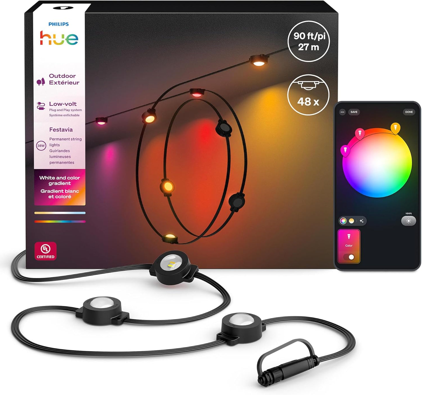 Philips Hue Festavia 90ft Permanent Outdoor String Lights, 48 Dimmable Lights, 55 Lumens Each, Weatherproof, Water-Resistant, Black Wire, Color Ambience, Bridge Required