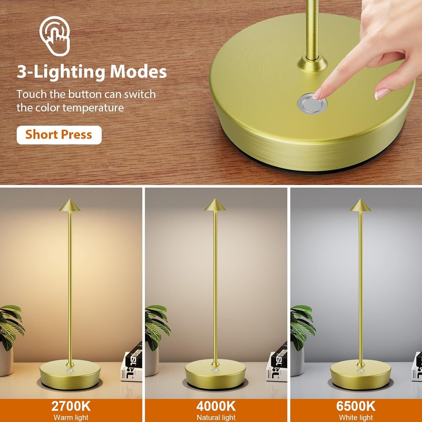 2Pack Rechargeable Cordless Table Lamp, Portable Powered LED Battery 6000mAh Metal USB Desk Lamp, 3 Levels Brightness Light for Restaurants Outdoor (2pack Bronze)