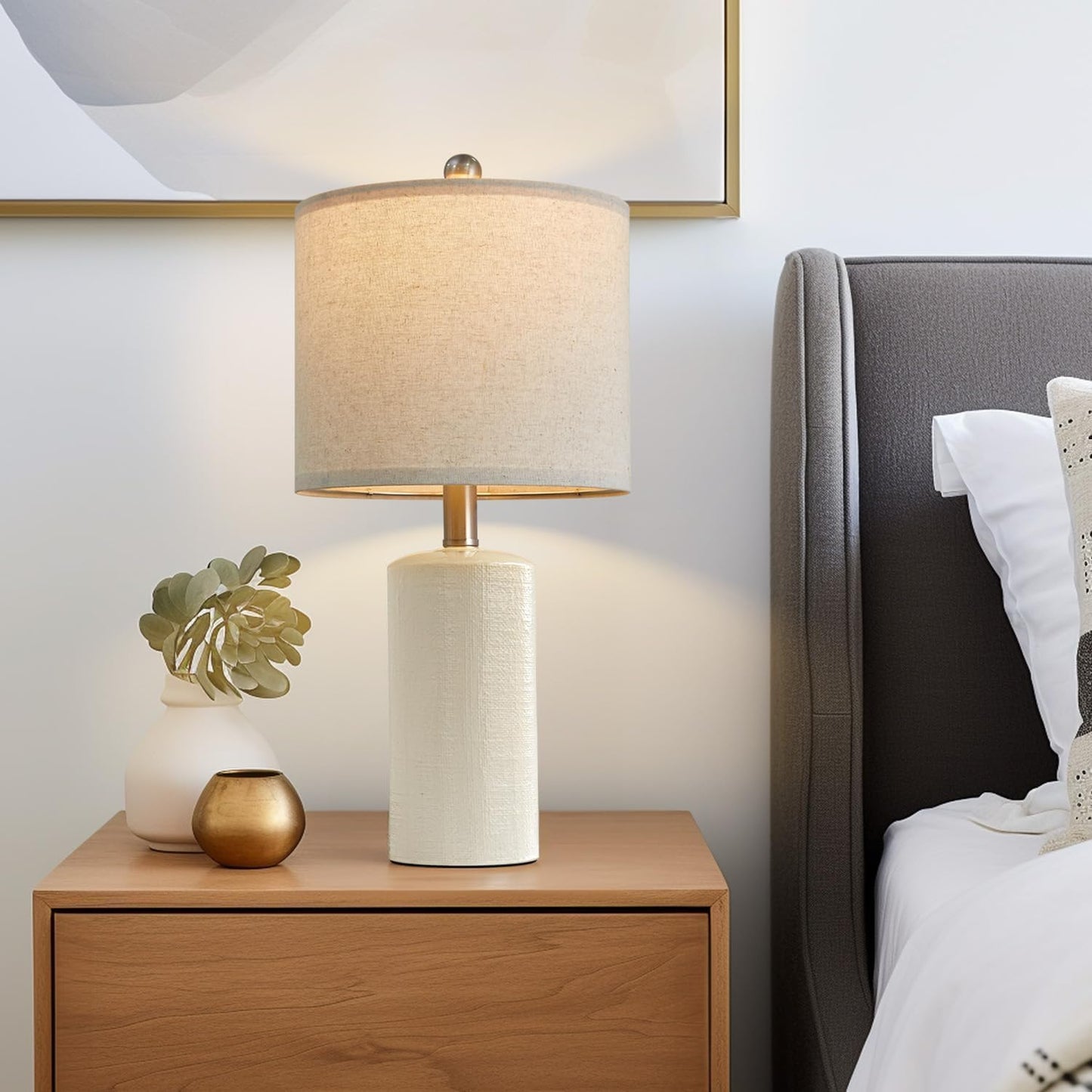 20.25" Small Single Table Lamp for Bedroom Modern Ceramic Nightstand Lamp Farmhouse Bedside Lamp Boho Living Room Lamp White End Side Table Lamp