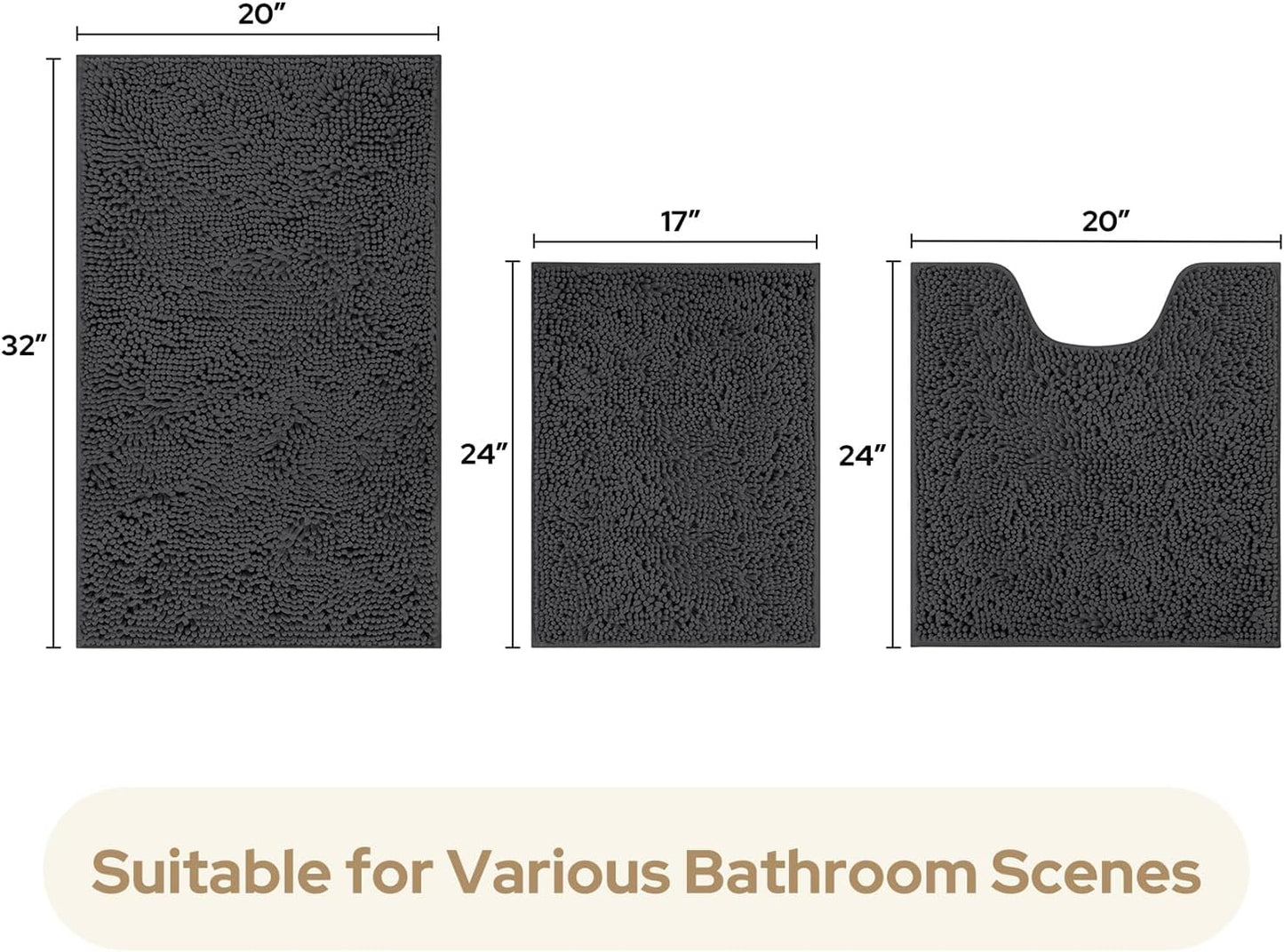 HOMEIDEAS 3 Pieces Bathroom Rugs, Ultra Soft Non Slip Absorbent Chenille Toilet Bath Mat Set (Dark Grey,17"x24"+20"x32"+U Shape 20"x24")