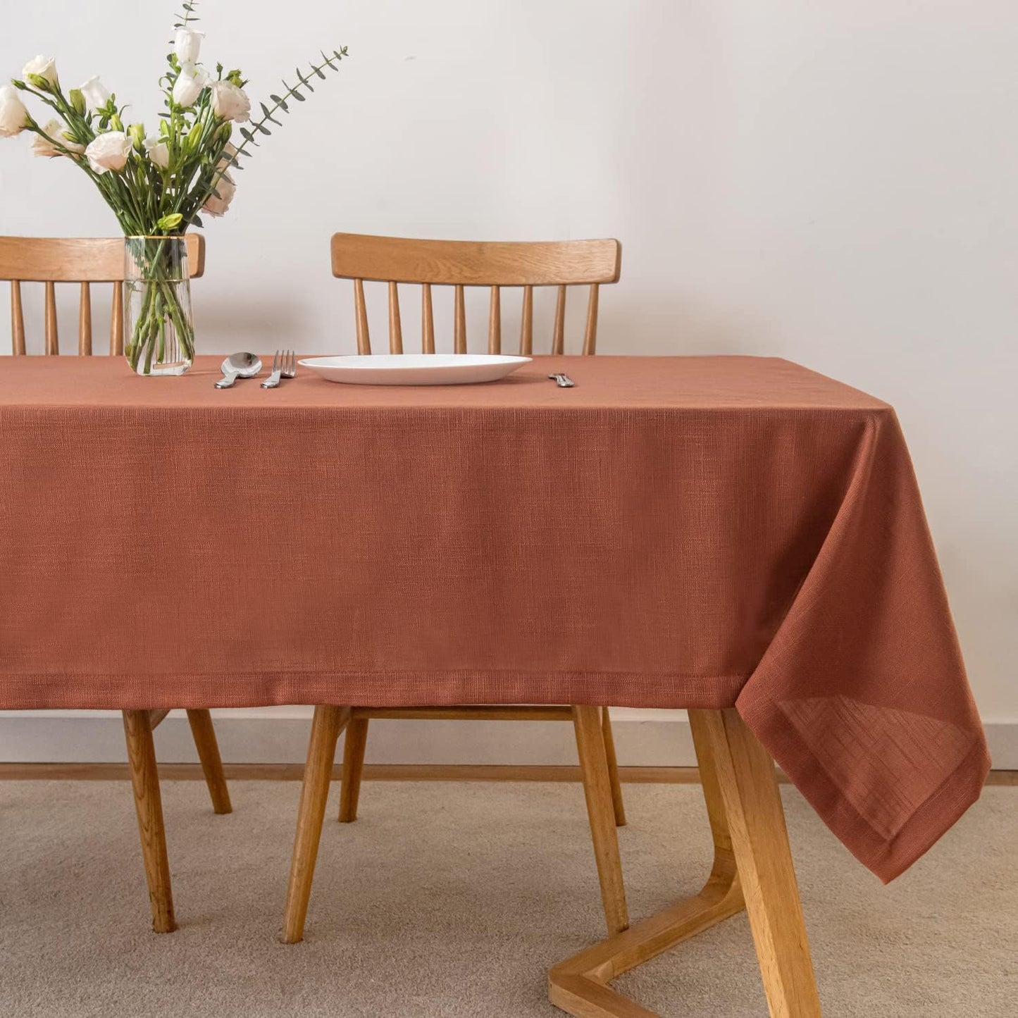 maxmill Lux Faux Linen Table Cloth with Slubby Texture Wrinkle Resistant Anti-Shrink Soft Fall Tablecloth for Kitchen Dining Tabletop for Thanksgiving Parties Rectangle 60 x 140 Inch Rust