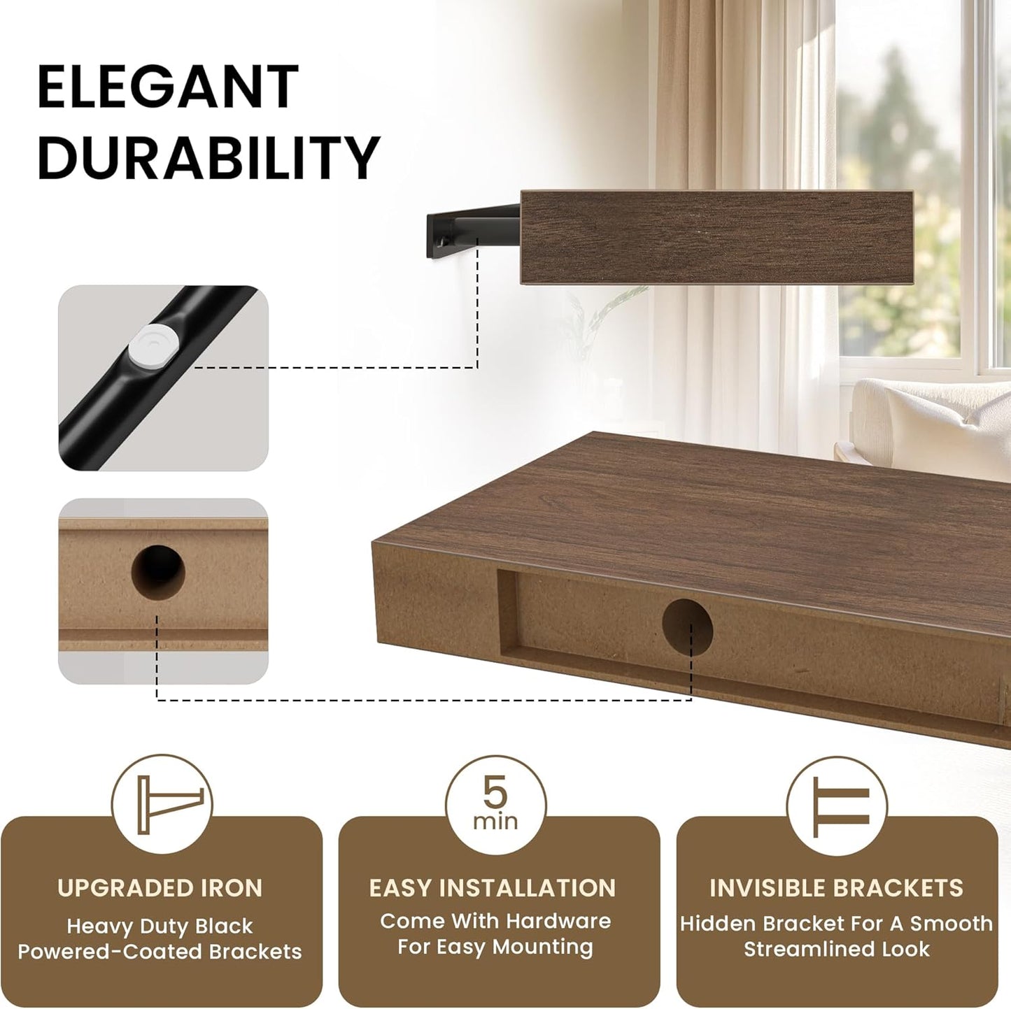 Square Floating Shelves for Wall, 10" W x 10" D x 1.2" H, Small Wooden Wall Mounted Display Shelves with Invisible Brackets for Living Room, Bedroom, Bathroom, Kitchen Decor, Set of 4, Walnut