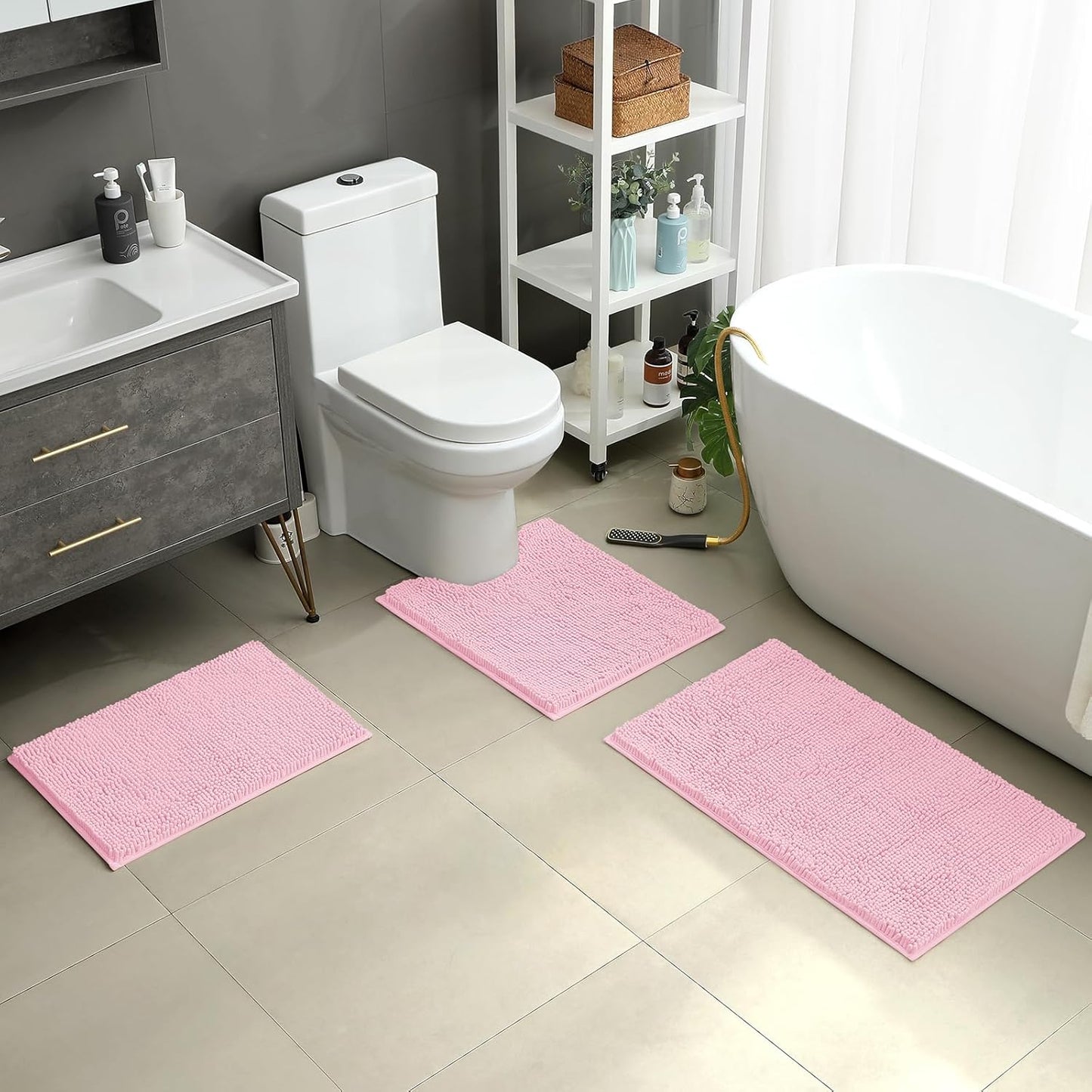 HOMEIDEAS 3 Pieces Bathroom Rugs, Ultra Soft Non Slip Absorbent Chenille Toilet Bath Mat Set (Light Pink,17"x24"+20"x32"+U Shape 20"x24")