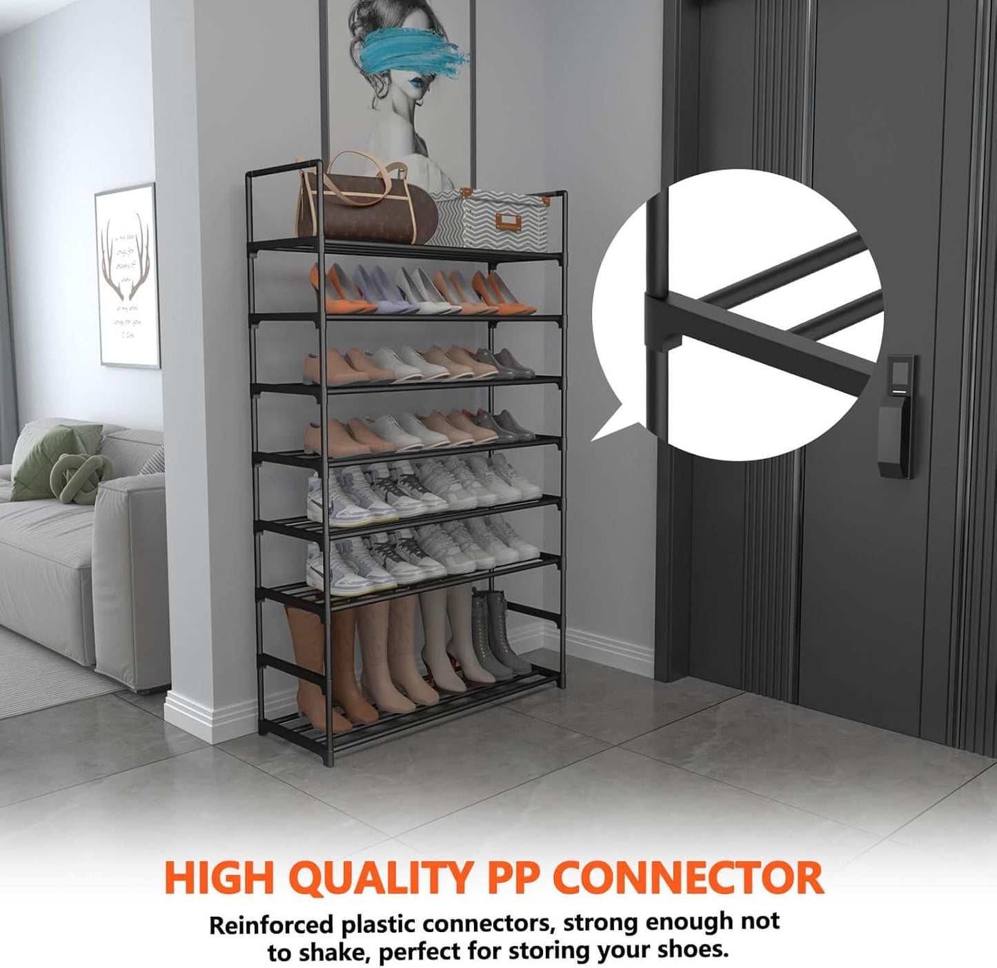 8 Tiers Metal Shoe Rack,Adjustable Shoe Shelf Storage Organizer with Hooks,Stackable Boot & Shoe Storage,for Entryway,Hallway,Closet,Black