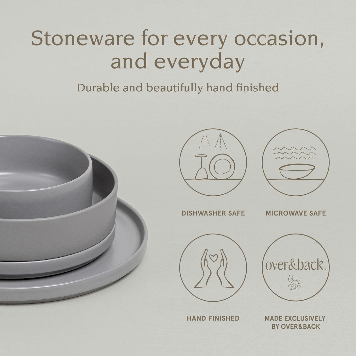 over&back 16-Piece Stackable Dinnerware Dish Set - Stoneware Dishes - Includes 4 Dinner Plates, 4 Salad Plates, 4 Cereal Bowls, and 4 Dinner Bowls - All-Occasion Place Settings - Semi-Matte Charcoal