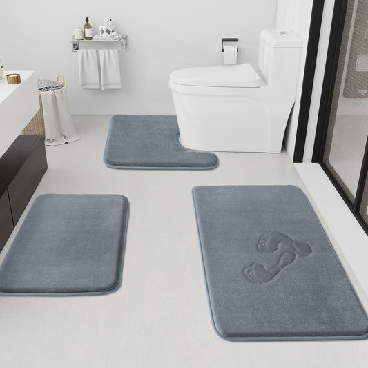 HUXMEYSON Bathroom Rugs Sets 3 Piece, Non-Slip & Quick Dry Bath Mat Set, Ultra Soft Velvet Bath Rugs for Bathroom, Toilet and Shower Floor, Grey