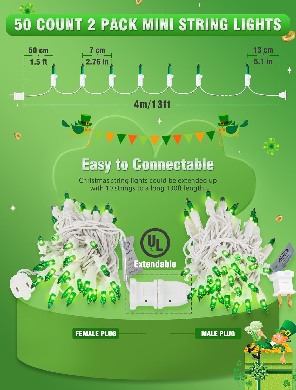 Hopolon St. Patrick's Day String Lights,2 Pack 13FT 50Count Green Mini Lights White Wire,Incandescent Christmas Tree Lights Connectable for Indoor Outdoor Holiday Patio Party Home Decorations