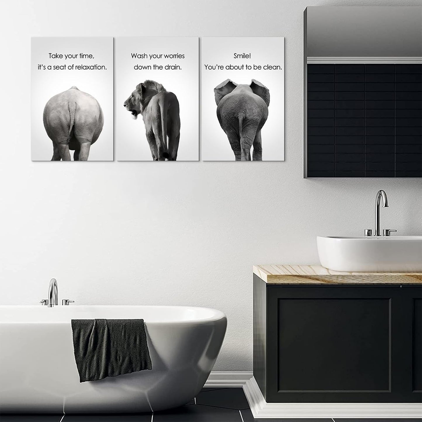 Mistyefly 3 Pieces Bathroom Wall Art - Funny African Animal Canvas With Quotes for Decor (20"Wx28"Hx3PCS)