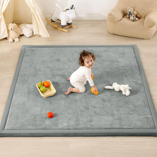 1.3" Thick Baby Play Mat for Floor, 79x79 Large Foam Tummy Time Mat, Padded Support Soft Plush Nursery Rug for Infant Kids Toddler Crawling Kick Activity (Light Grey)