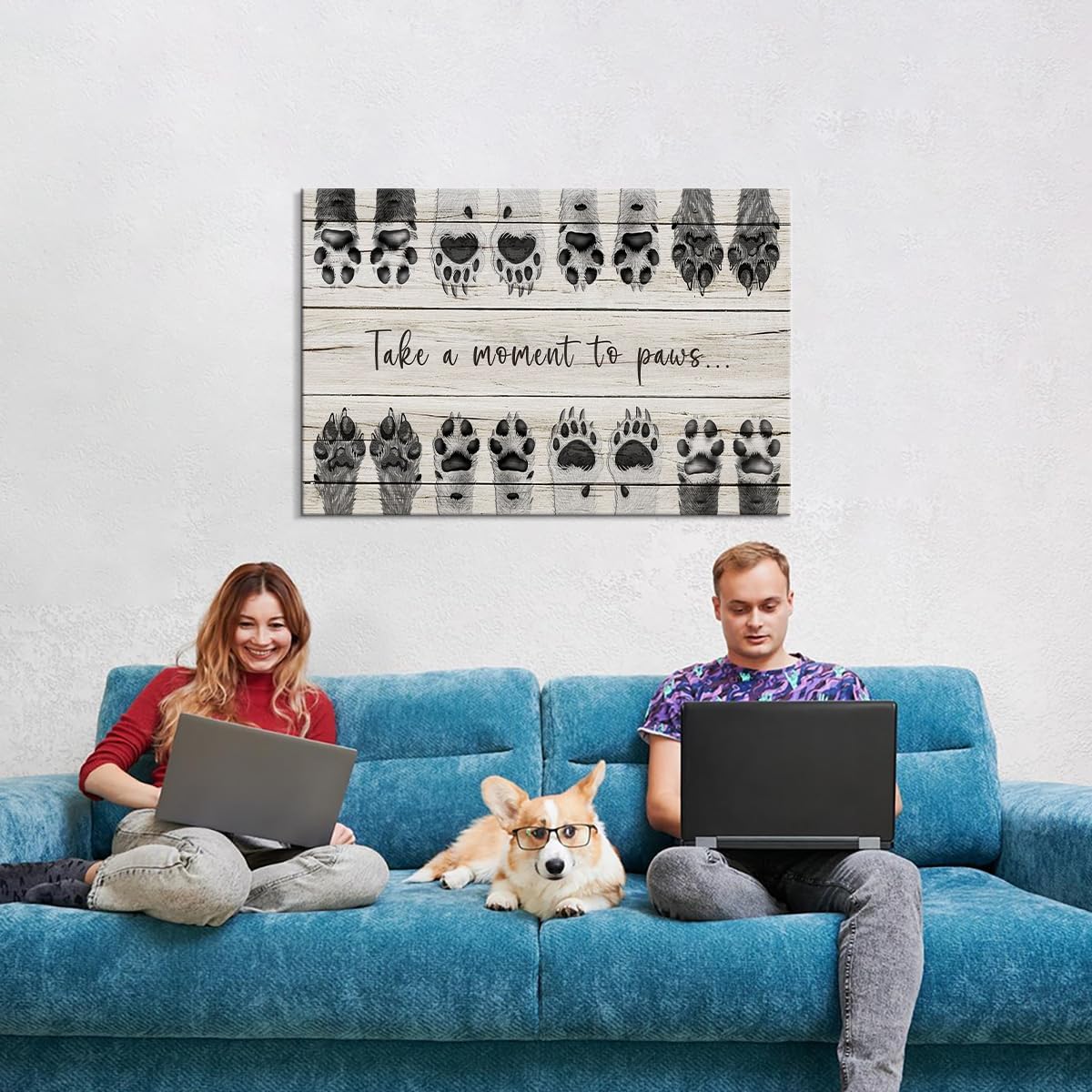 Dog Art Animal Canvas Wall Art Take a Moment to Paws Wall Art Dog Art Wall Decor Animal Pictures Paw Print Wall Decor Dog Picture Puppy Paw Print Dog Quotes Wall Decor for Bedroom Decor (24''Hx36''W)