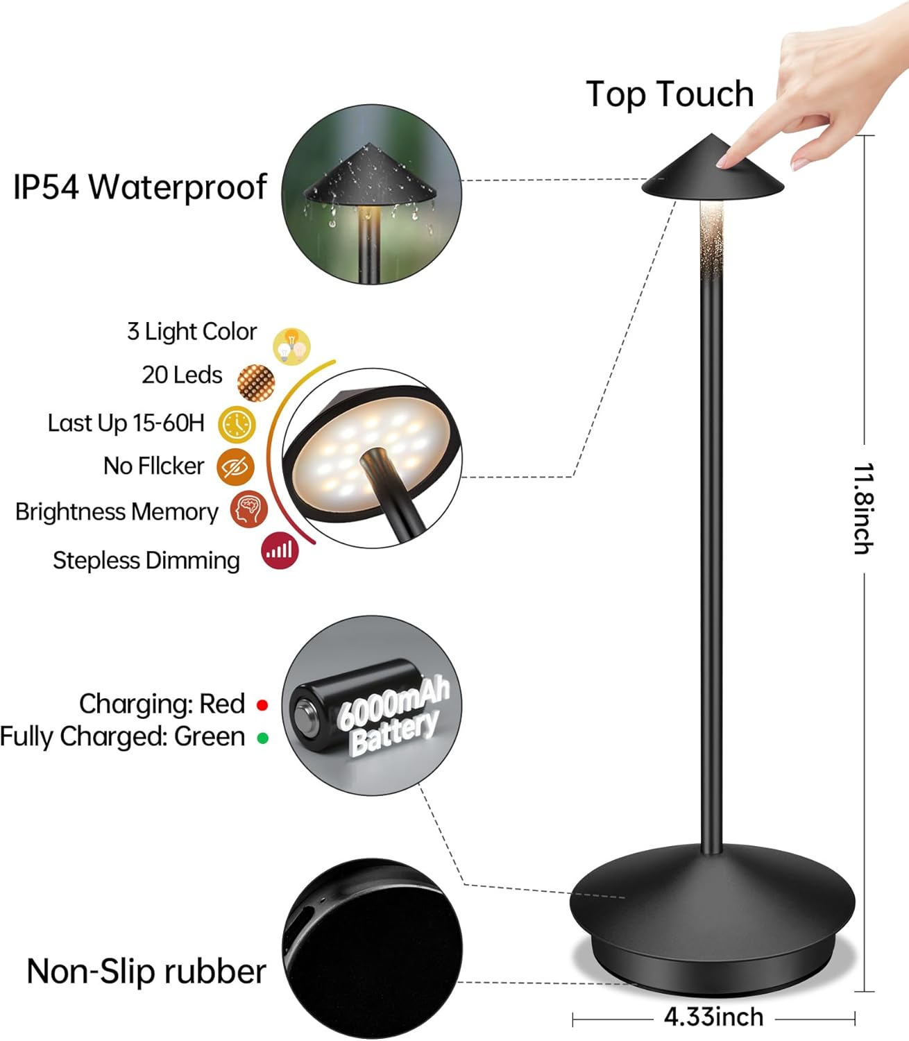 Portable Led Cordless Lamp Table Light 2 Pack, Rechargeable 6000mAh Battery Outdoor Table Lamp for Dinning Restaurant Patio Bedroom Camping, IP54 Waterproof, Dimmable