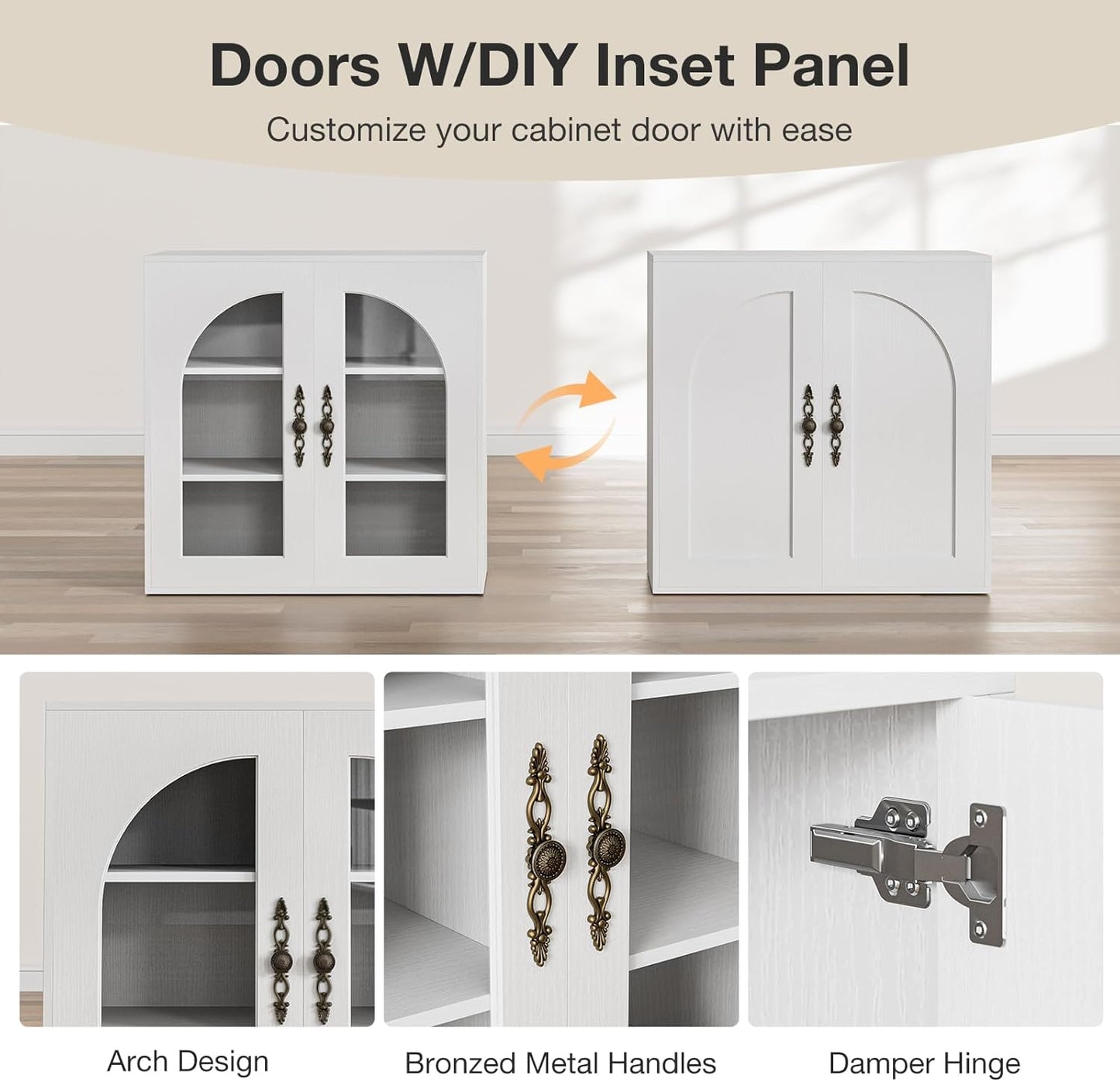 Modular Buffet Storage Cabinet, Glass 4-Door Kitchen Sideboard Buffet Console w/Adjustable Shelves, Wood Modular Organizer for Kitchen Living Room, 63 Inch