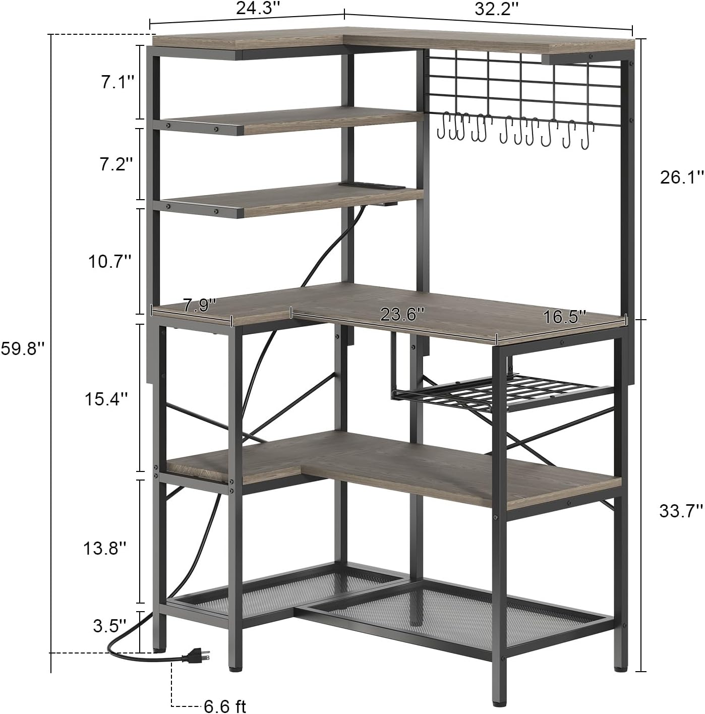 L-Shaped Bakers Rack with Power Outlets, 6-Tier Microwave Stand with Hooks, Coffee Bar with Open Storage, Mesh Grid, Kitchen Shelf with Wire Basket, Grey