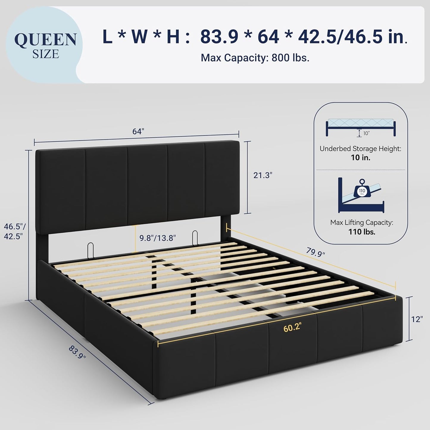 Allewie Queen Size Velvet Lift Up Storage Bed Frame, Vertical Channel Tufted Headboard, Hydrualic Underneath Storage, Upholstered Platform Bed, Wooden Slats Support, No Box Spring Needed, Black