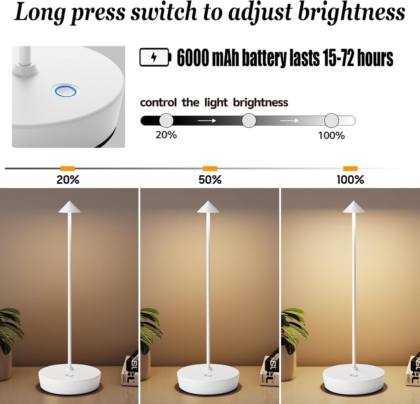 2Pack Rechargeable Cordless Table Lamp, Portable Powered LED Battery 6000mAh Metal USB Desk Lamp, 3 Levels Brightness Light for Restaurants Outdoor (2pack White)
