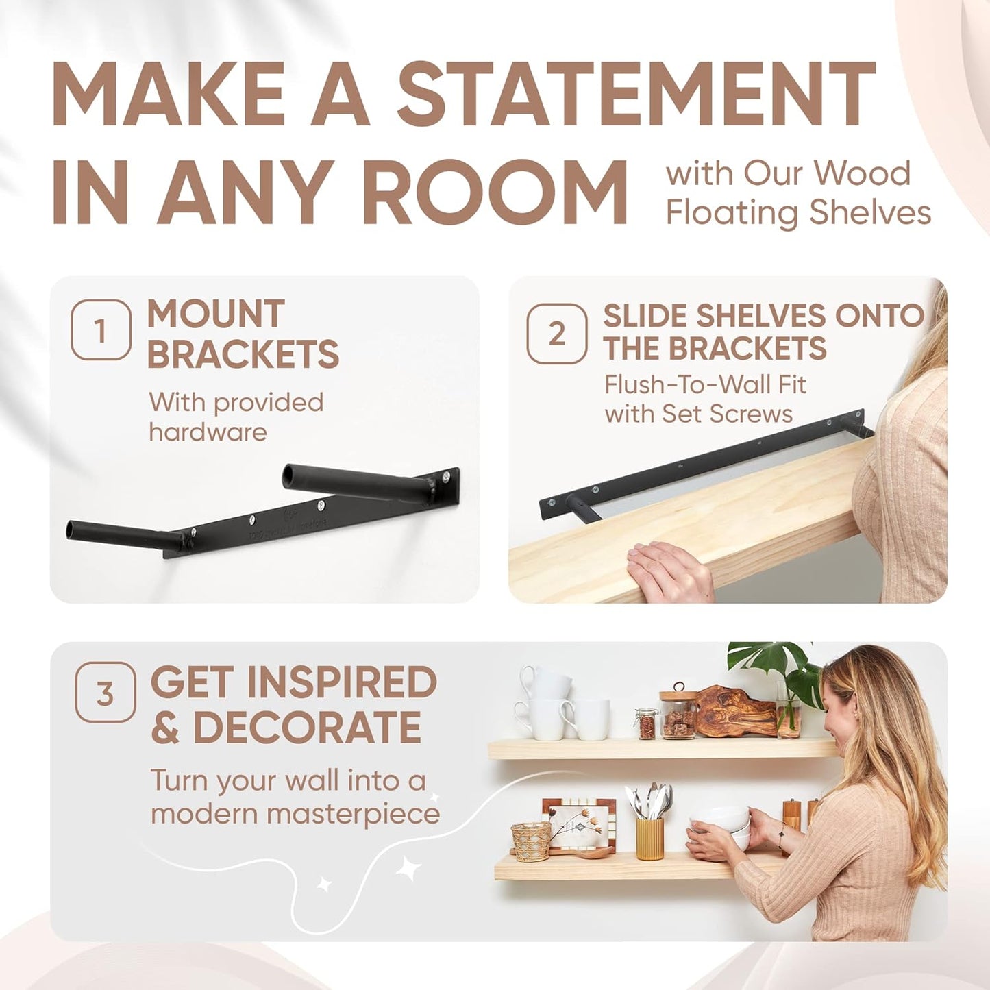 Homeforia 36 inch Natural Floating Shelf, High End Solid Real Wood 36inch Small Floating Shelves for Wall Mounted, Natural Wooden Floating Shelves, Heavy Duty Bracket, 36 X 6.5 X 1.75 in, Set of 4