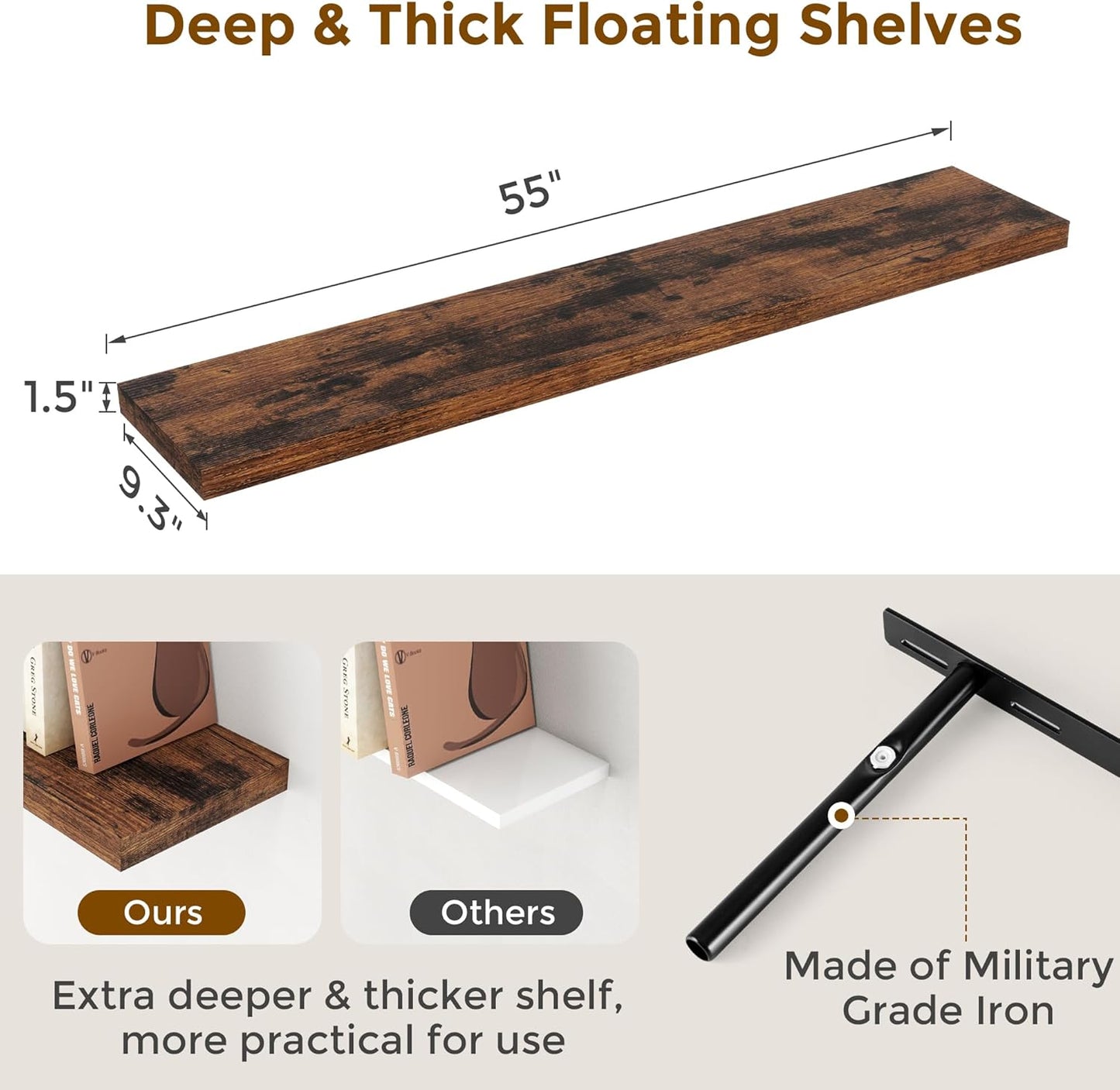 Floating Shelves 55 Inch Long, 55"W x 9.3"D Wall Shelf Invisible Bracket, 9.3 Inch Deep Floating Shelf for Wall, Rustic Wooden Shelves for Living Room, Kitchem, Bedroom, Rustic Brown Color, Set of 1