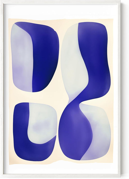 HAUS AND HUES Modern Abstract Wall Art - Blue and Green Living Room Art, Modern Artwork for Walls, Minimalist Picture for Living Room(Blue Tribal Shapes 2, White Frame, 24x36)