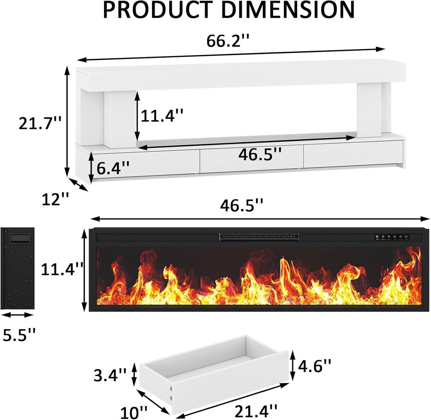 66.2" Fireplace TV Stand with 47" Electric Fireplace, Heated Entertainment Center with Fireplace & 3 Drawers, Modern Wood TV Console with 12 Electronic Flame Colors for Living Room, White
