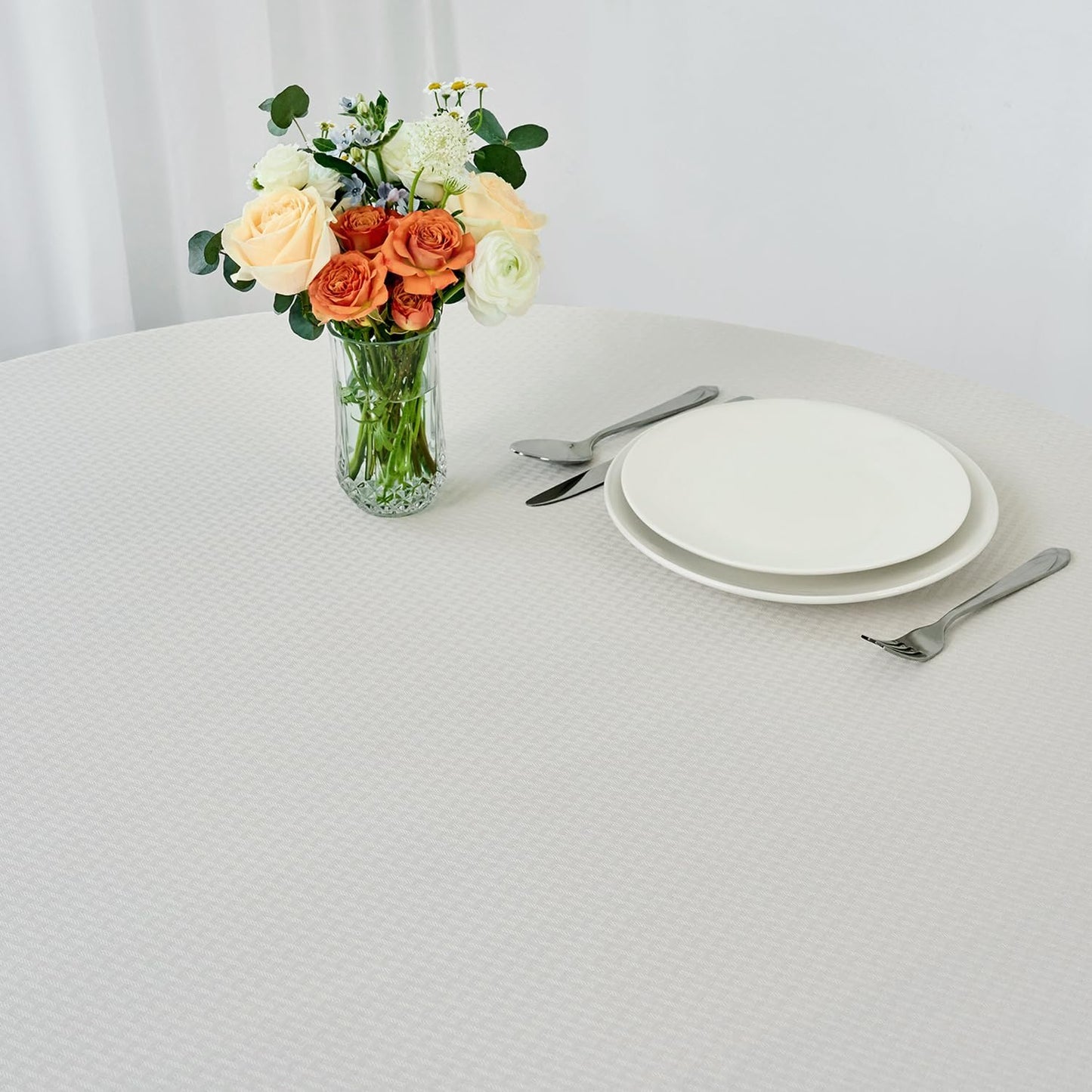 maxmill Round Weaved Texture Design Tablecloth Spill-Proof Wrinkle Free Soft Washable Table Cloth for Circular Table Cover, for Dining Room Buffet Banquet Parties Holiday Dinner, 70 Inch Ivory