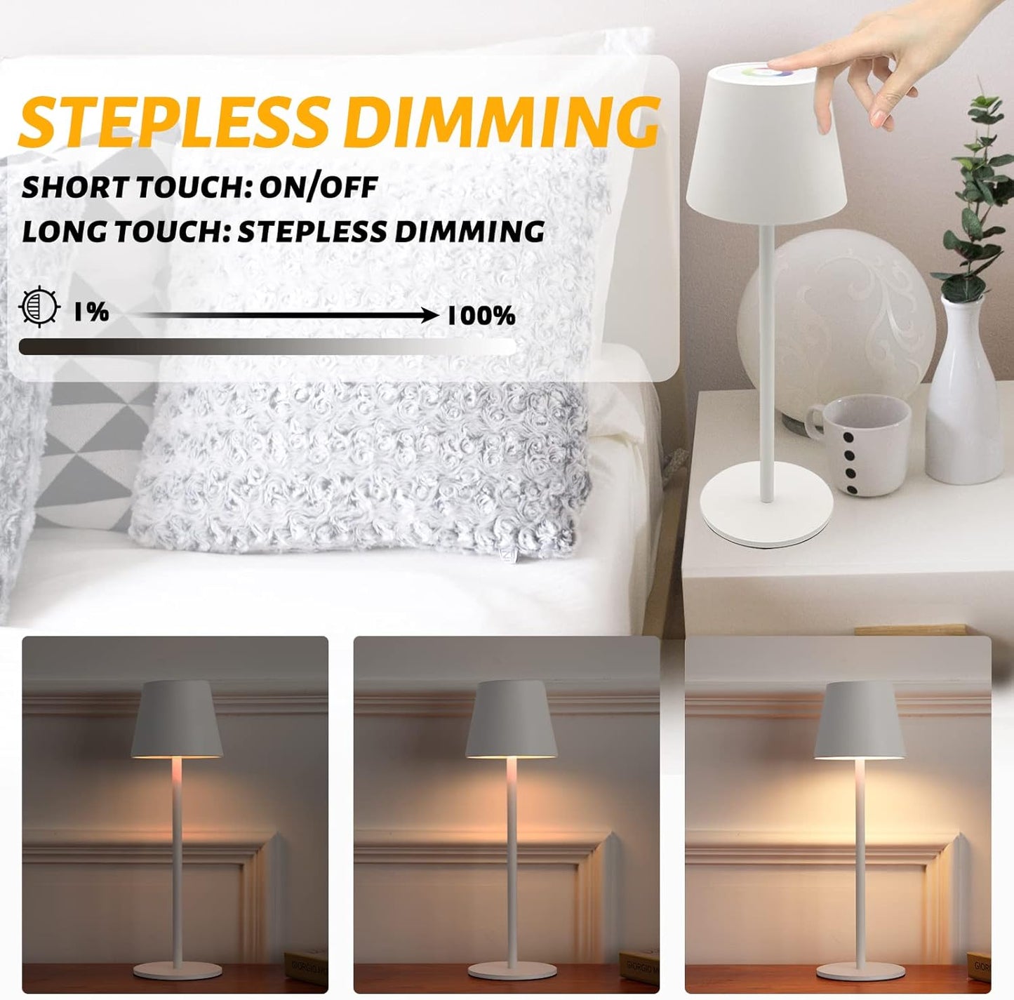 Maksone 2 Pack LED Cordless Table Lamp, 6600mWh Rechargeable Battery Desk Lamp, 3000K Stepless Dimming Night Light, IP54 Waterproof Metal Outdoor Portable Lamp for Camping, Restaurant (White)