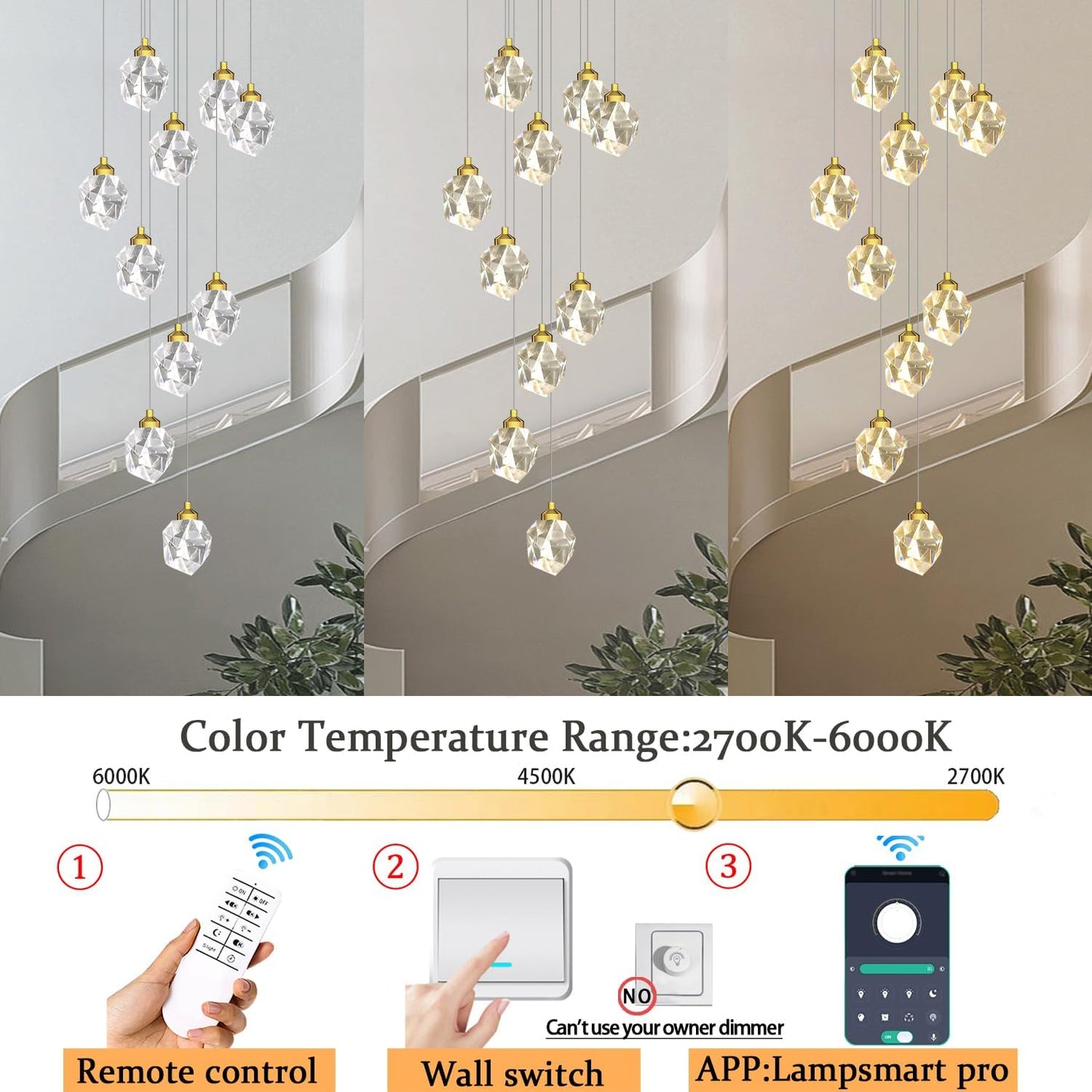 10-Lights Gold Crystal Chandeliers for Living Room 120 inches Long Staircase Chandelier Foyer Entrance Crystal Ceiling Light High Ceiling Chandeliers LED Dimmable 3000-6000K