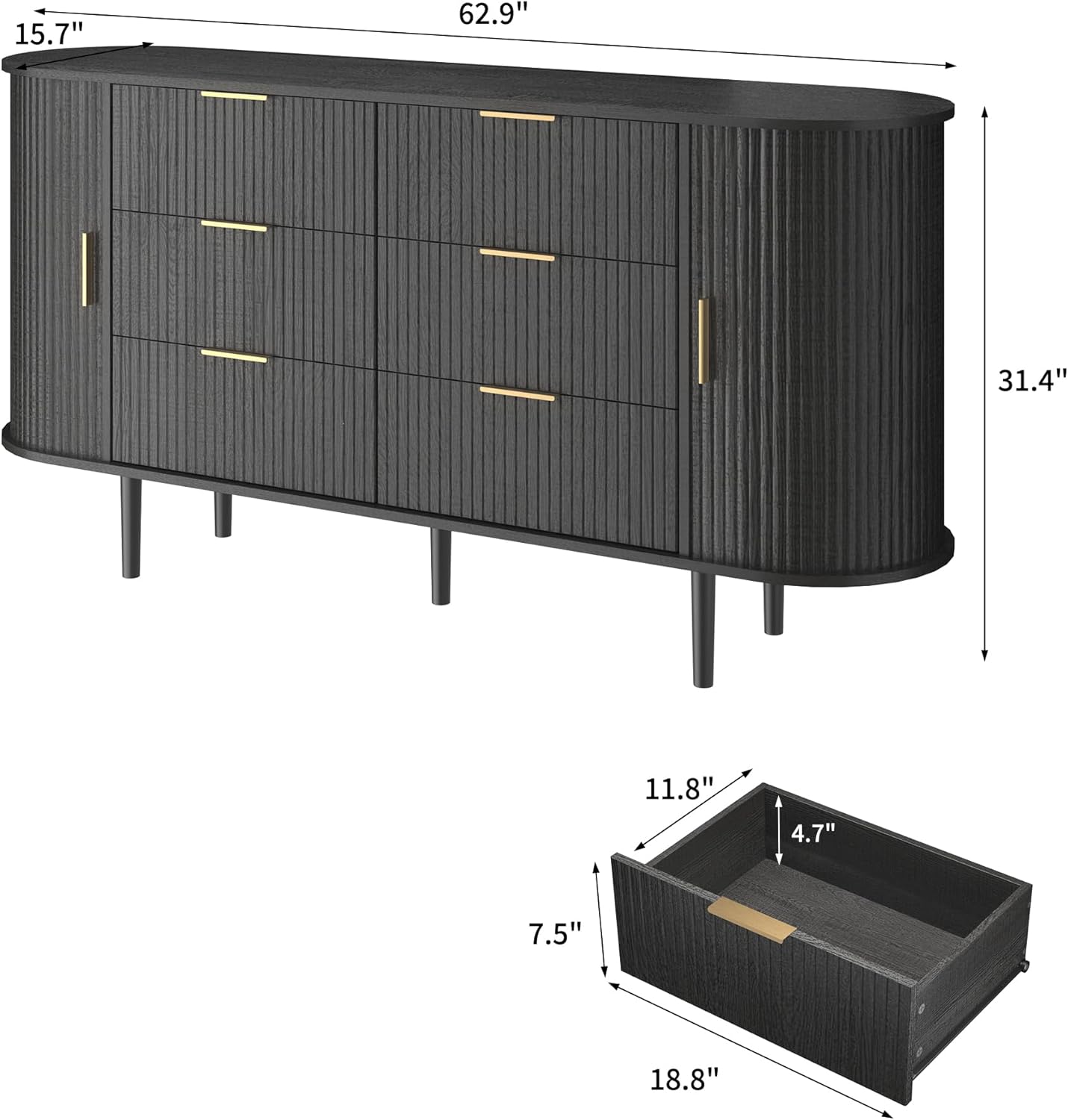 Modern Curved Fluted TV Stand for TVs up to 70 Inches, TV Console with Sliding Doors and Drawers, Credenza with Storage Cabinet for Living Room, 63 Inch, Black