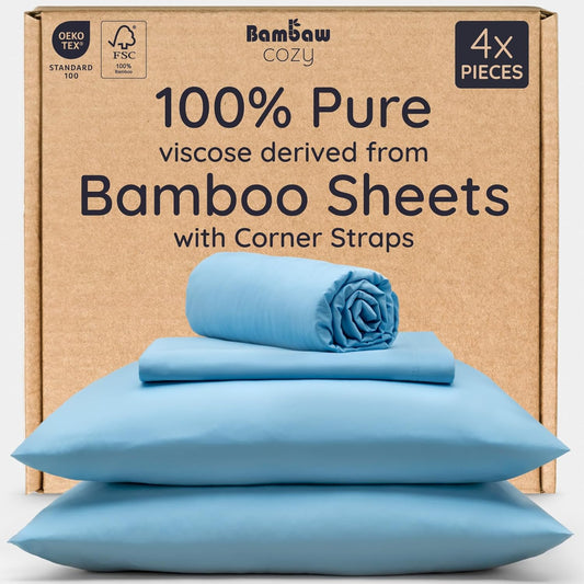 Bambaw Queen Sheet Set – 4pcs 100% Viscose Derived from Bamboo Sheets Queen Size Bed Set, Breathable Sheets Fits Up to 16'' Deep Pocket, Queen Cooling Sheets for Hot Sleepers (Dream Blue)