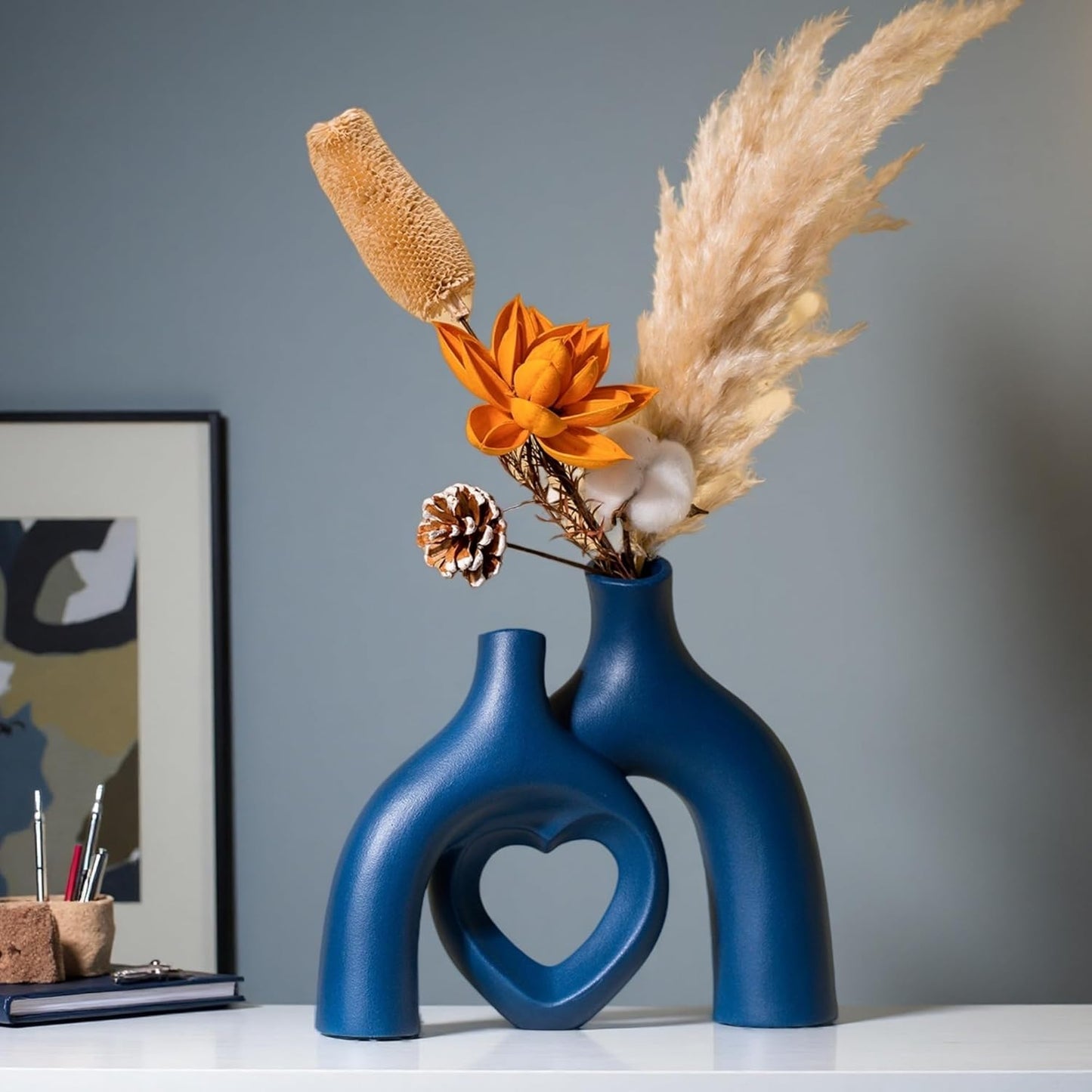 Snuggle Hollow Ceramic Decorative Vase, Modern Minimalist Nordic Boho Ins Style Vases for Home Decor Living Room Shelf Entryway Coffee Table or Console Décor (Matte Navy Blue)