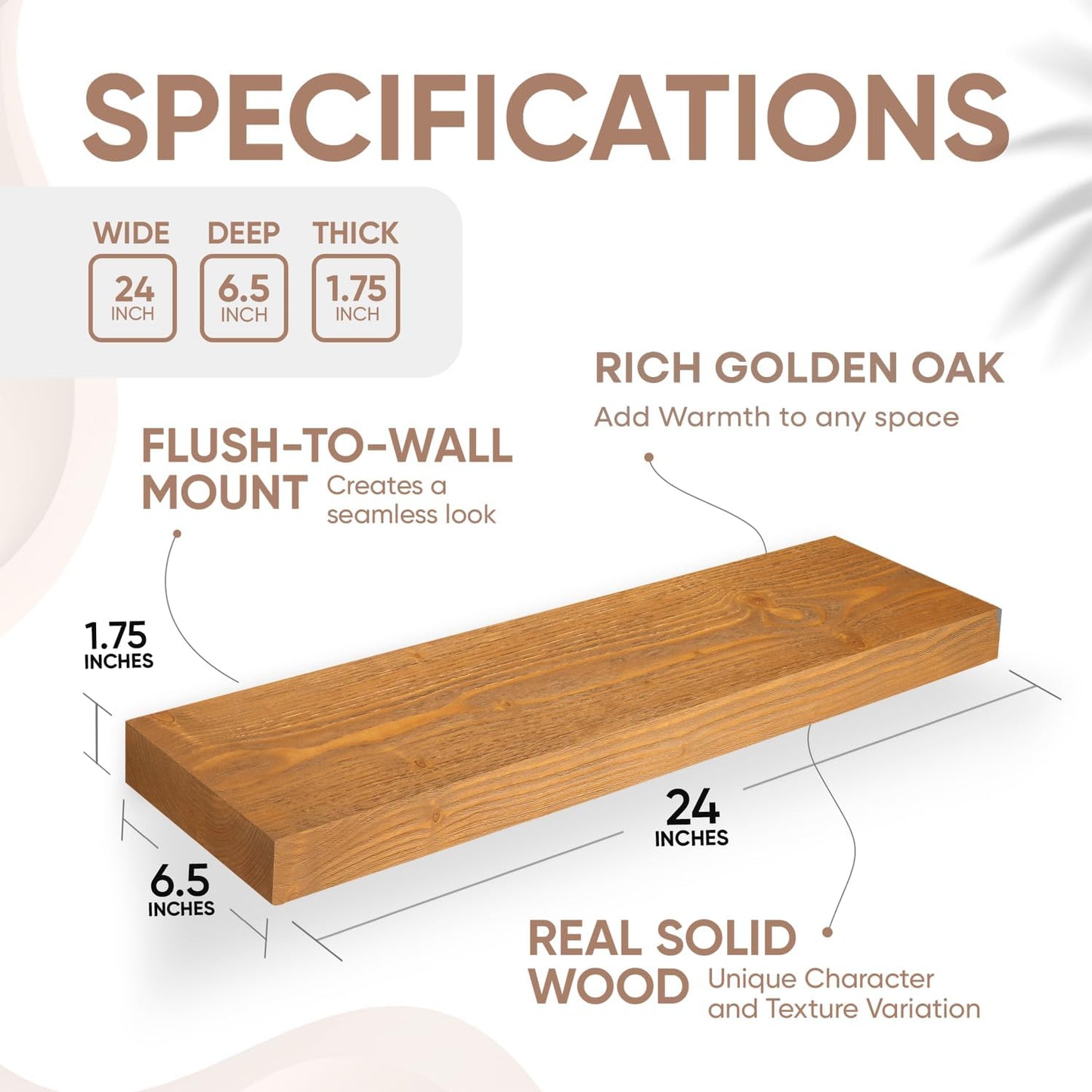 Homeforia 24 inch Golden Oak Floating Shelf, High End Solid Real Wood 24inch Small Floating Shelves for Wall Mounted, Oak Wooden 24in Floating Shelves, Heavy Duty Bracket, 24 X 6.5 X 1.75 in, Set of 3