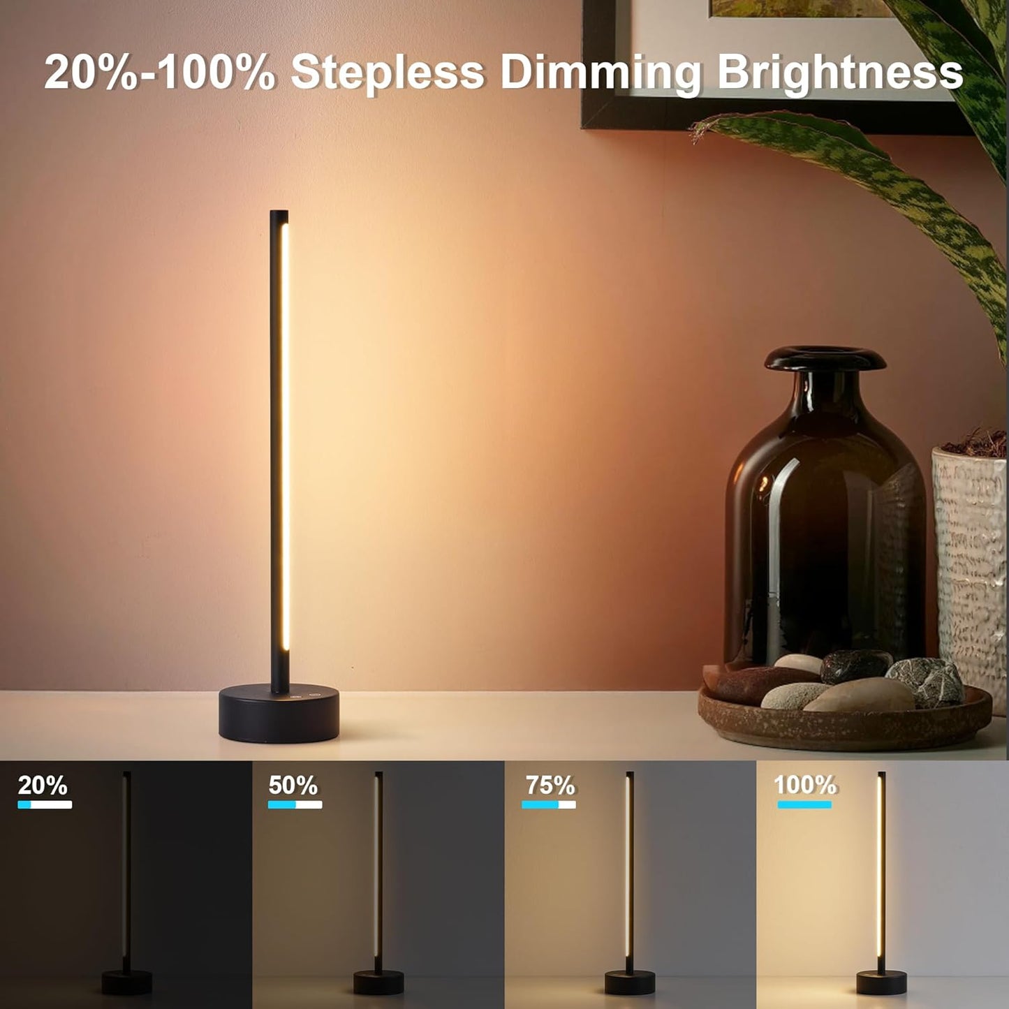 Cordless LED Table Lamp, Battery Operated Portable Desk Lamp,Dimmable/3 Color/Memory Function,Modern Rechargeable Table Light for Living Room,Bedroom,Bedside,Black