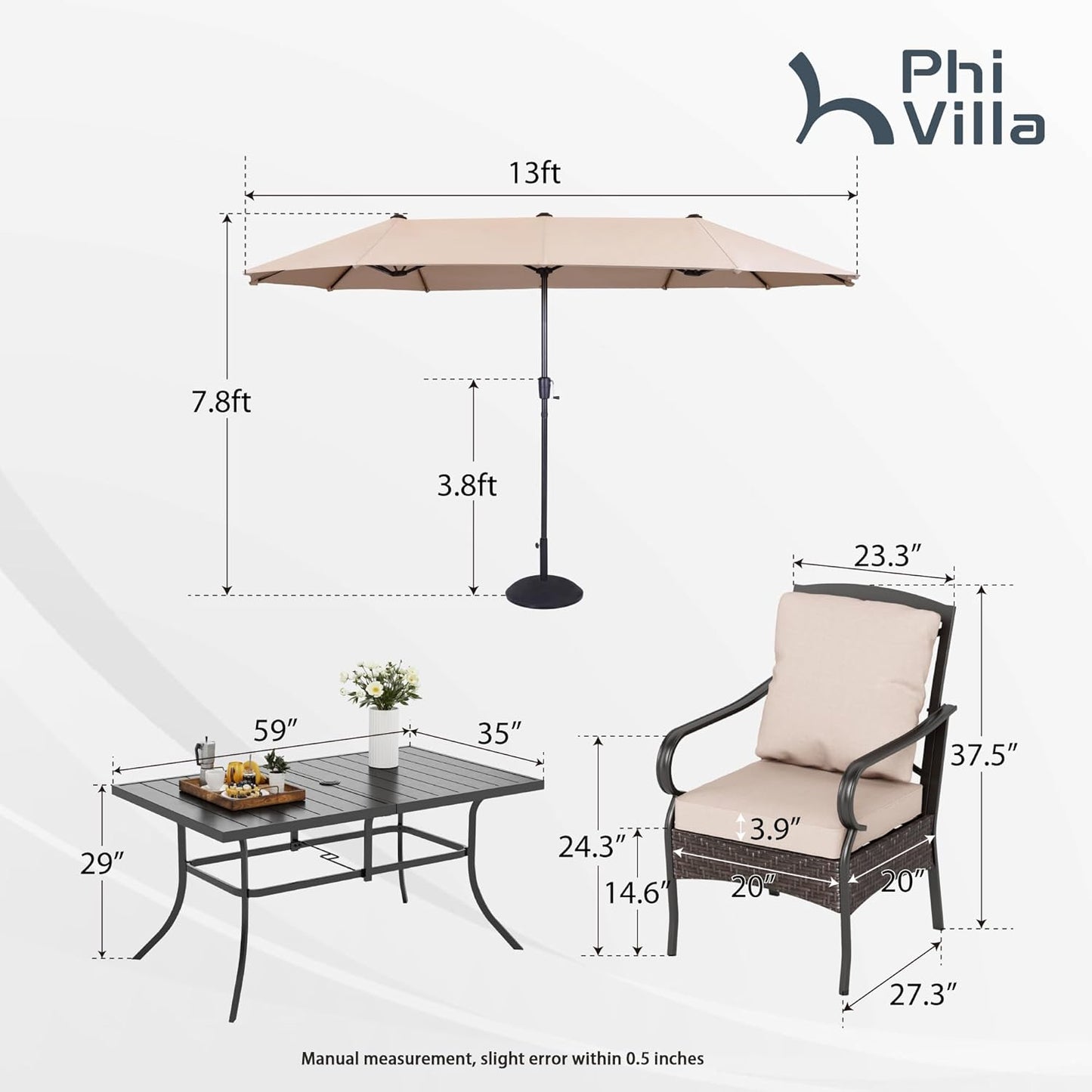 PHI VILLA Outdoor Dining Set for 6, All-Weather Patio Table and Chairs Set for 6 with Umbrella, Heavy Duty Rectangle Patio Table Set for Deck, 6 Large Outdoor Stationary Dining Chairs with Cushions