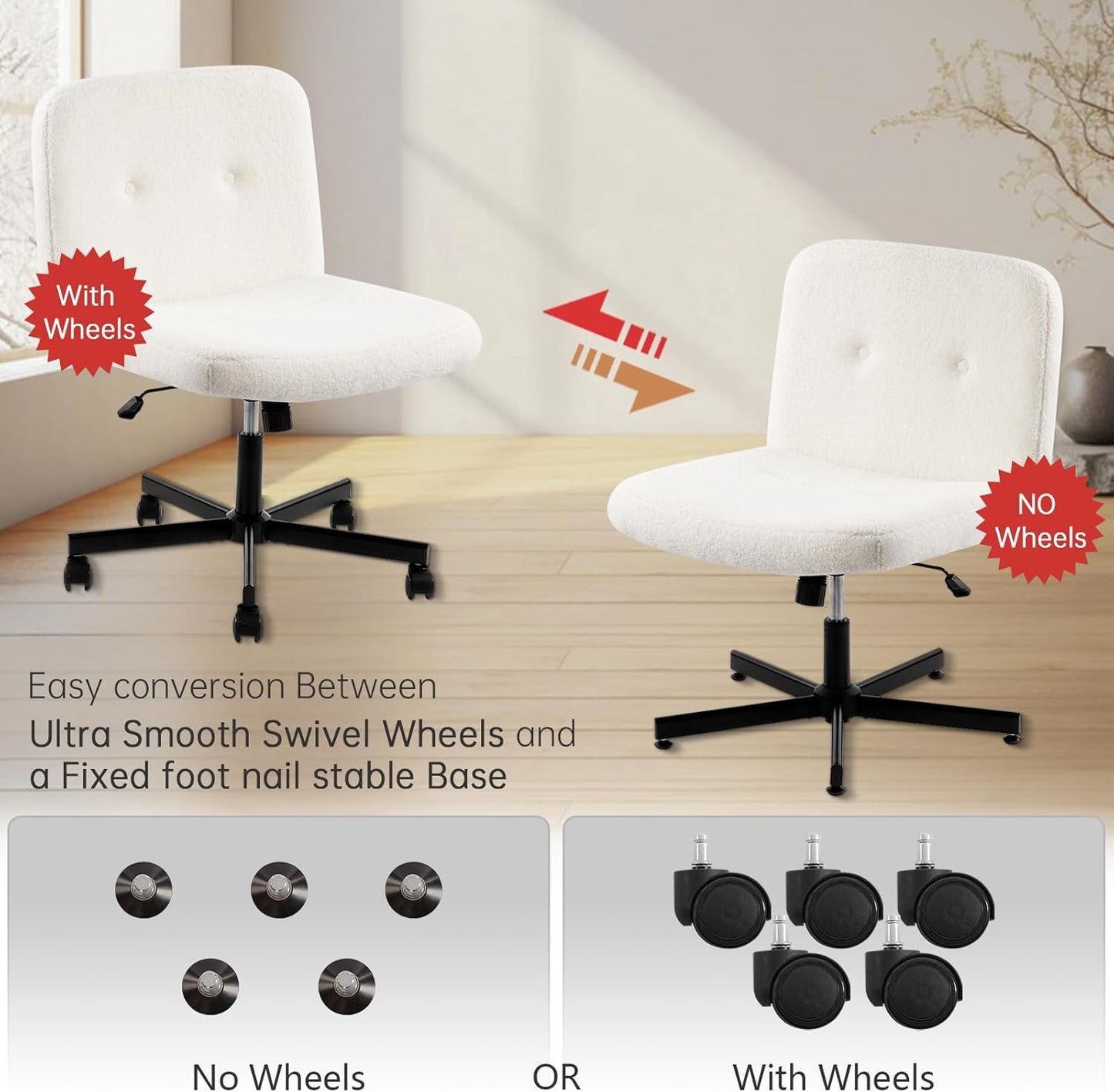 YFO Boucle Criss Cross Armless Home Office Chair with Replaceable Wheels/Fixed Base and Back Support for Living Room, Wide Seat Swivel Chair, White